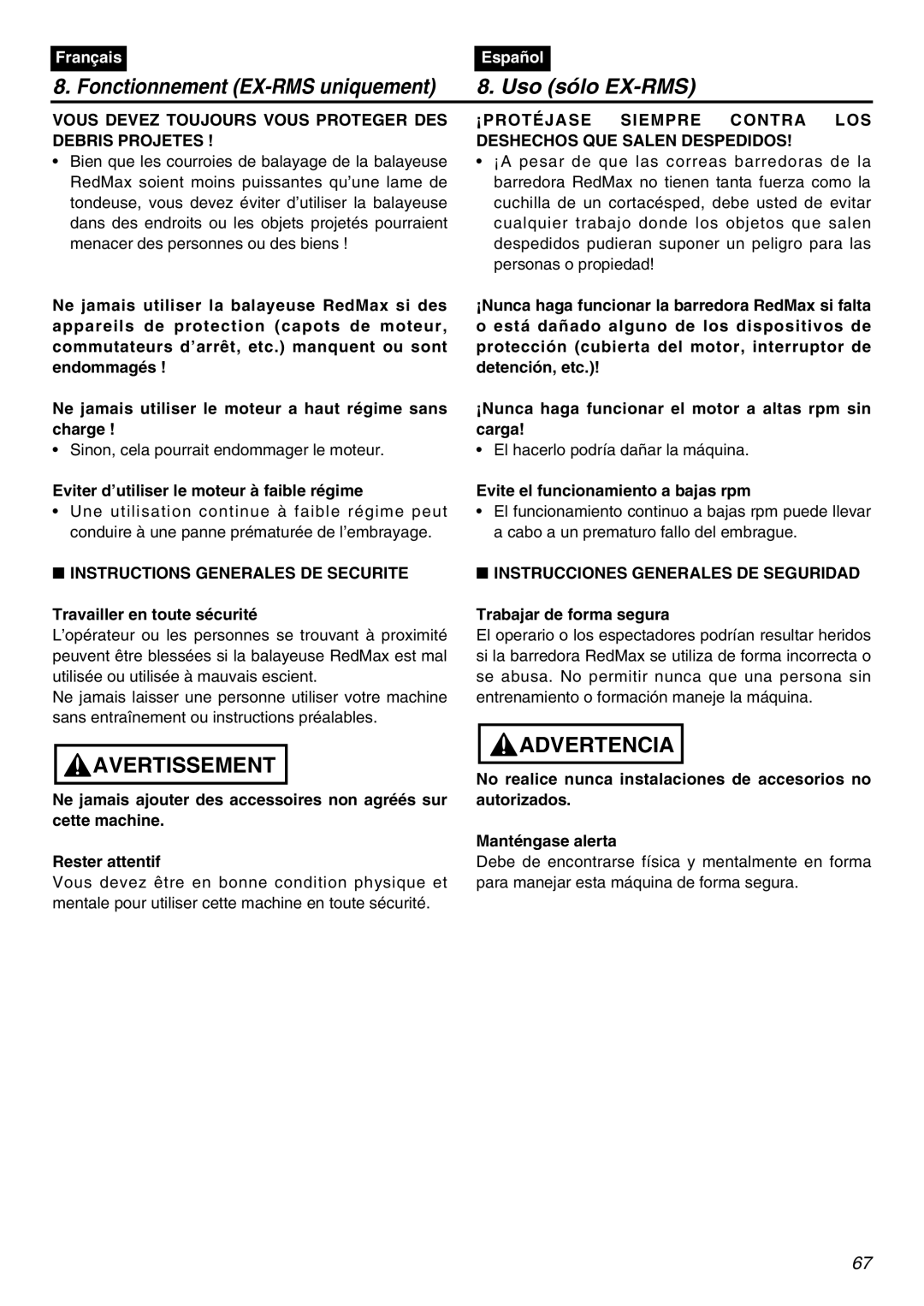 Zenoah EXZ2401S manual Instructions Generales DE Securite, Instrucciones Generales DE Seguridad 