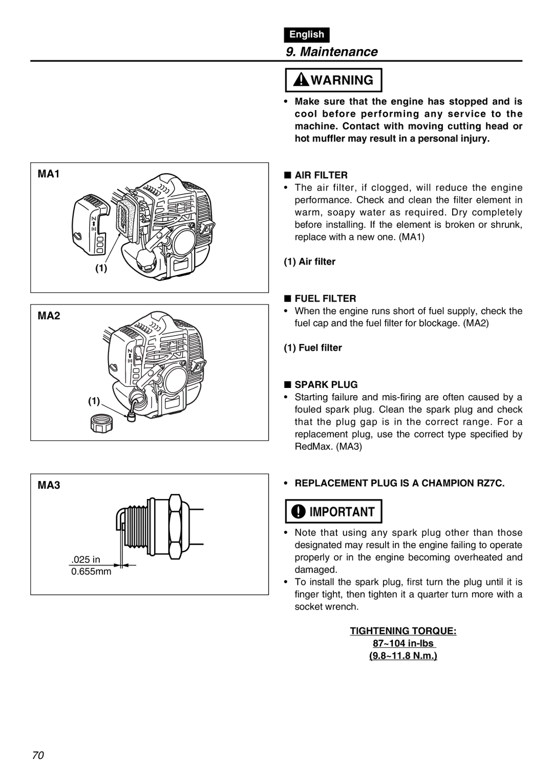 Zenoah EXZ2401S manual AIR Filter, Fuel Filter, Spark Plug, Replacement Plug is a Champion RZ7C 