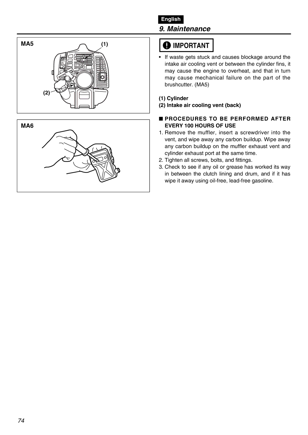 Zenoah EXZ2401S manual Cylinder Intake air cooling vent back, Procedures to be Performed After Every 100 Hours of USE 