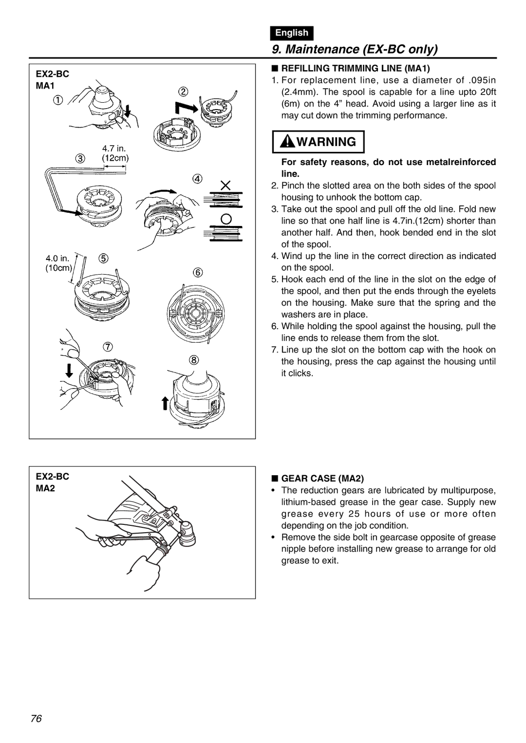 Zenoah EXZ2401S manual Maintenance EX-BC only, EX2-BC MA1 EX2-BC MA2, Refilling Trimming Line MA1, Gear Case MA2 