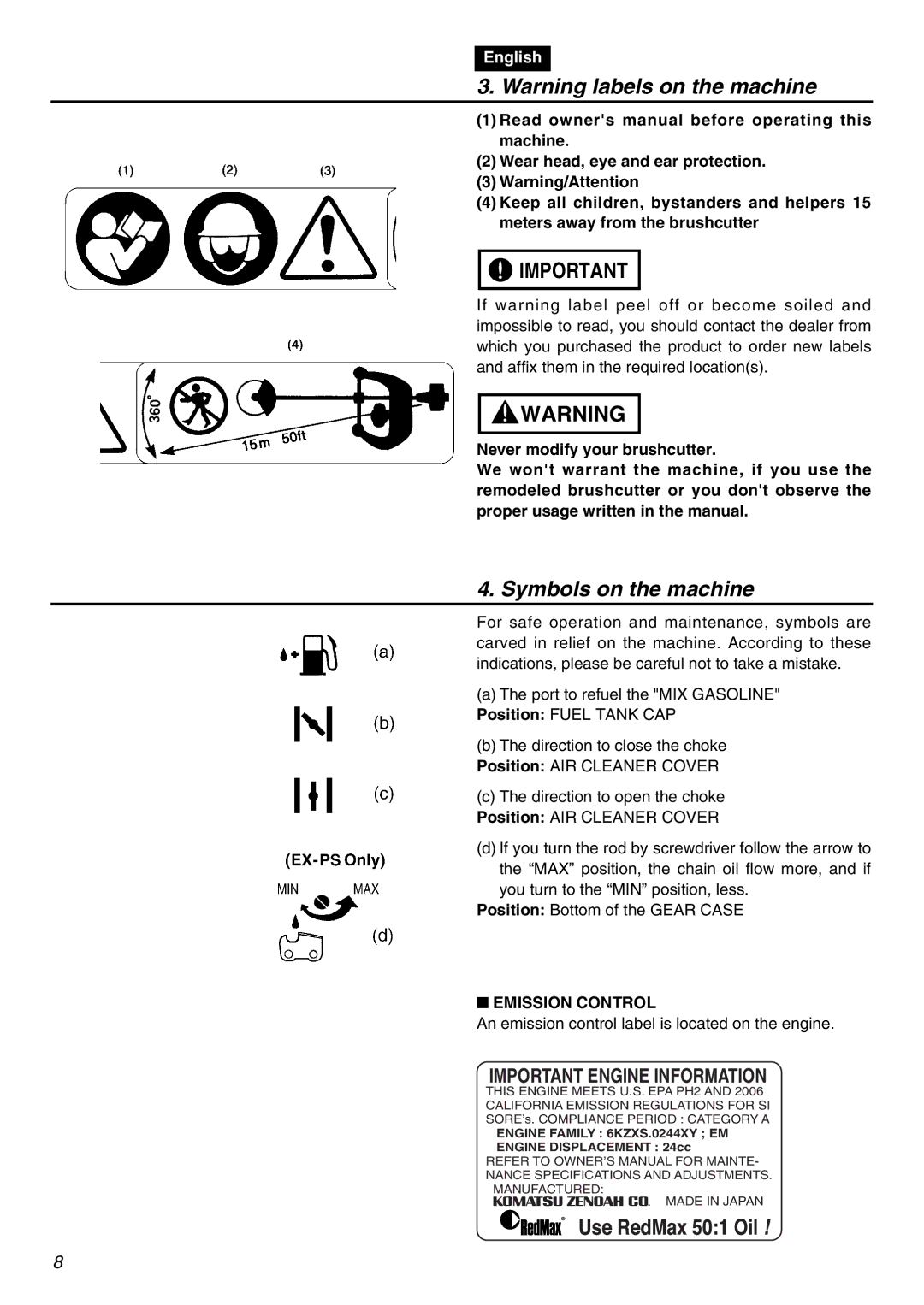 Zenoah EXZ2401S manual Symbols on the machine, Emission Control 