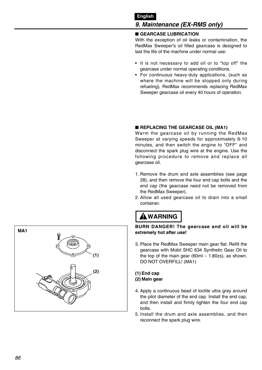 Zenoah EXZ2401S manual Maintenance EX-RMS only, Gearcase Lubrication, Replacing the Gearcase OIL MA1, End cap Main gear 