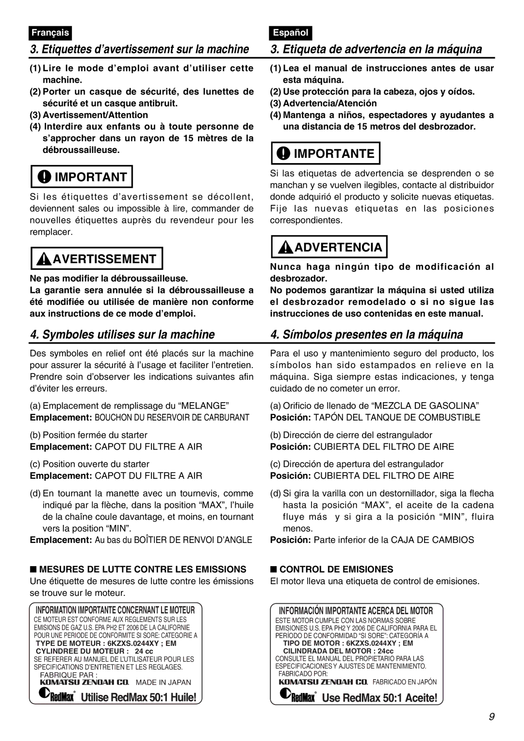 Zenoah EXZ2401S manual Control DE Emisiones, Information Importante Concernant LE Moteur 