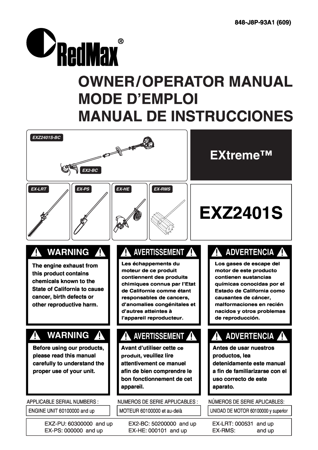 Zenoah EXZ2401S manual EXtreme, 848-J8P-93A1, Owner/Operator Manual Mode D’Emploi Manual De Instrucciones, Advertencia 
