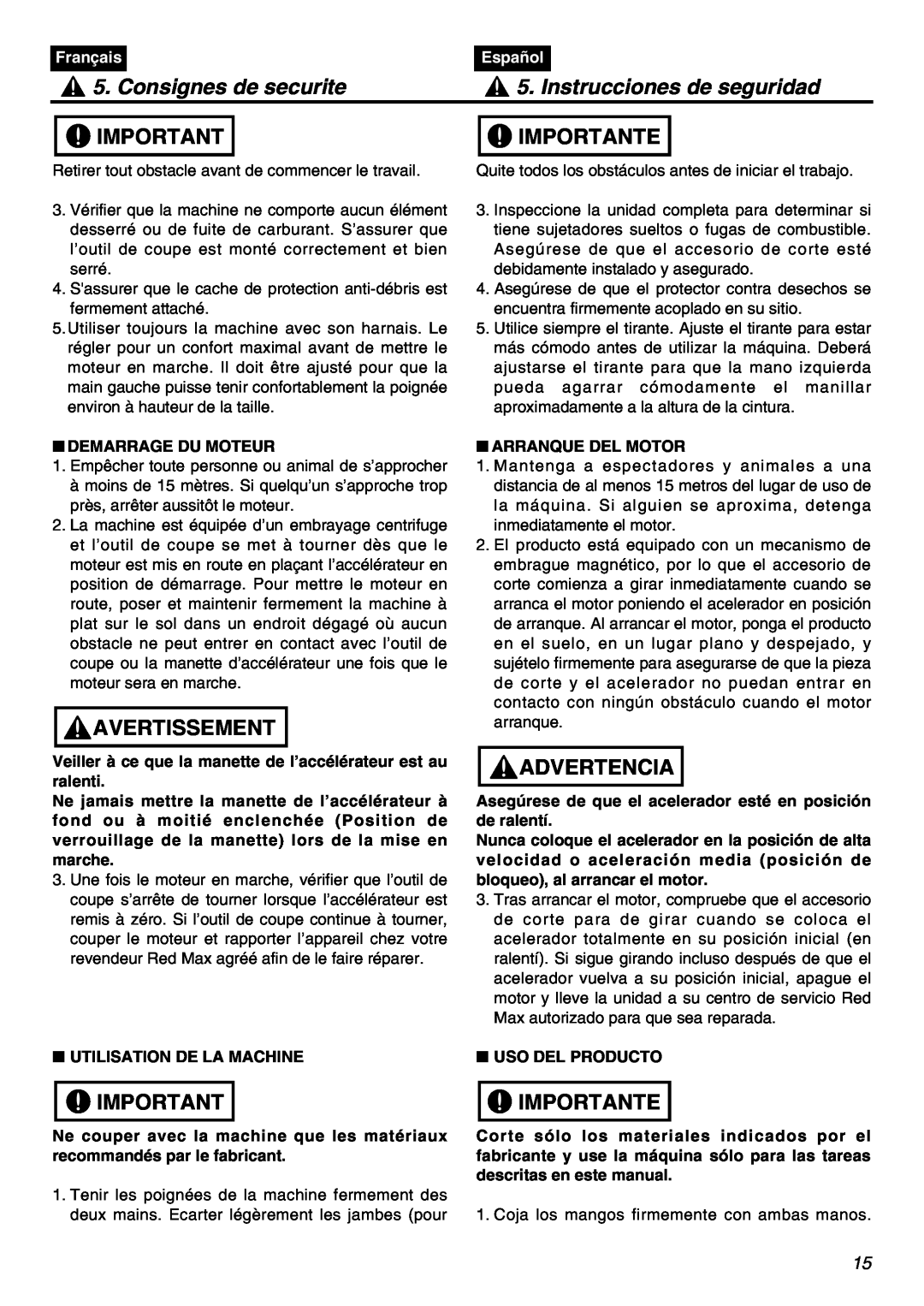 Zenoah EXZ2401S manual Consignes de securite, Instrucciones de seguridad, Avertissement, Importante, Advertencia, Français 