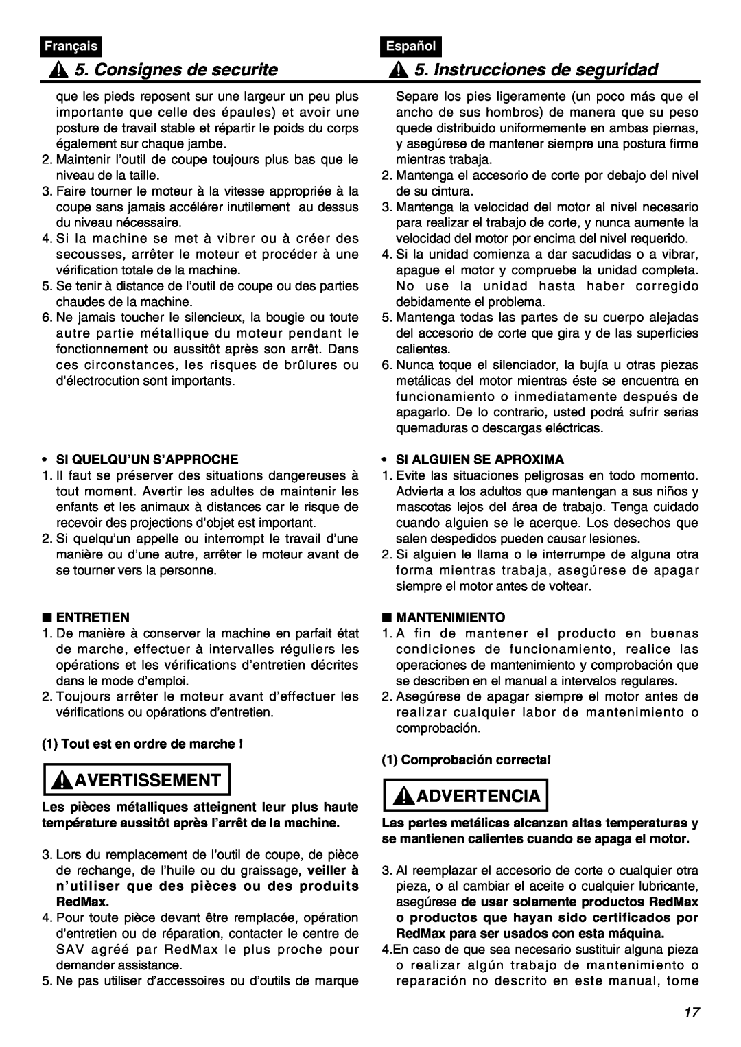 Zenoah EXZ2401S manual Consignes de securite, Instrucciones de seguridad, Avertissement, Advertencia, Français, Español 