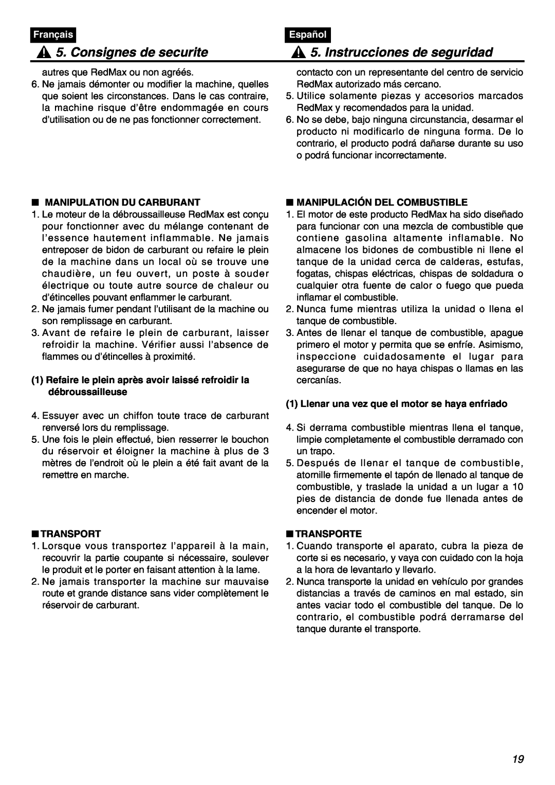 Zenoah EXZ2401S Consignes de securite, Instrucciones de seguridad, Français, Español, Manipulation Du Carburant, Transport 