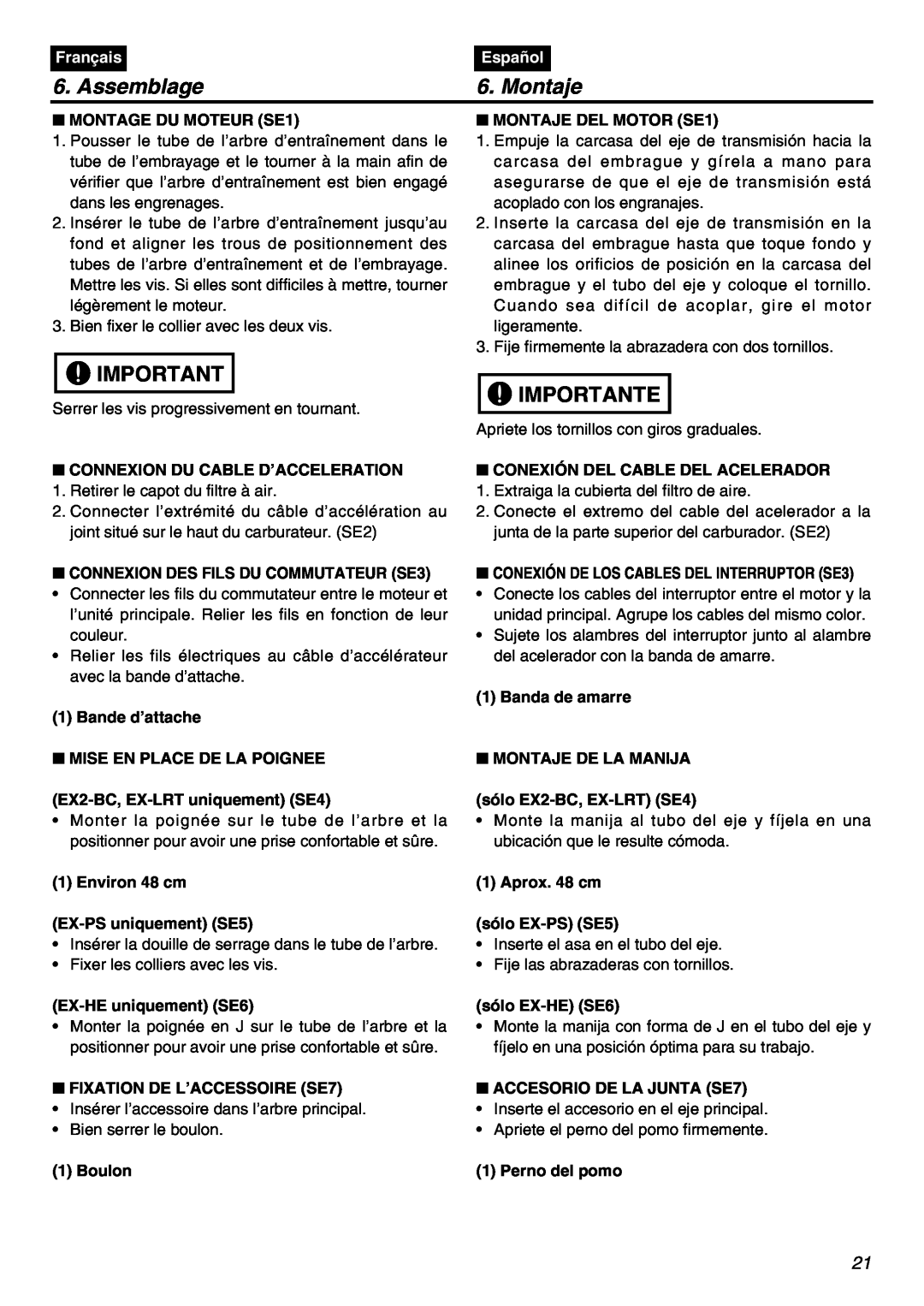 Zenoah EXZ2401S manual Assemblage, Montaje, Importante, Français, Español 
