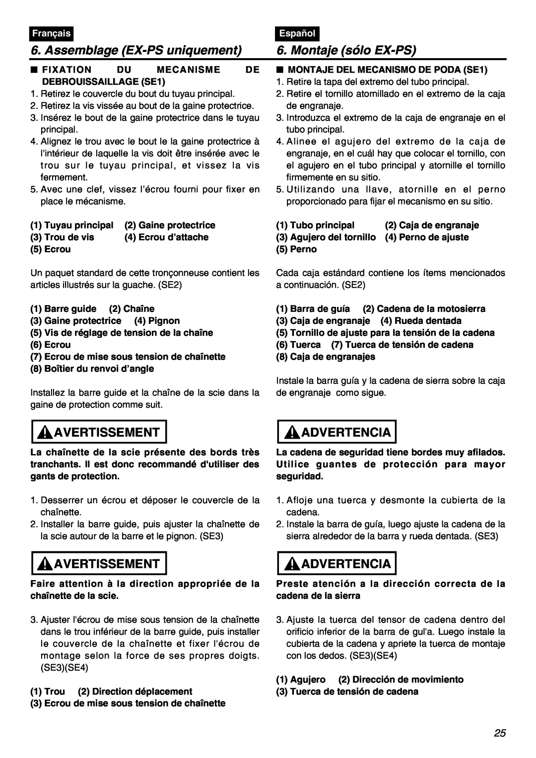 Zenoah EXZ2401S manual Assemblage EX-PS uniquement, Montaje sólo EX-PS, Avertissement, Advertencia, Français, Español 