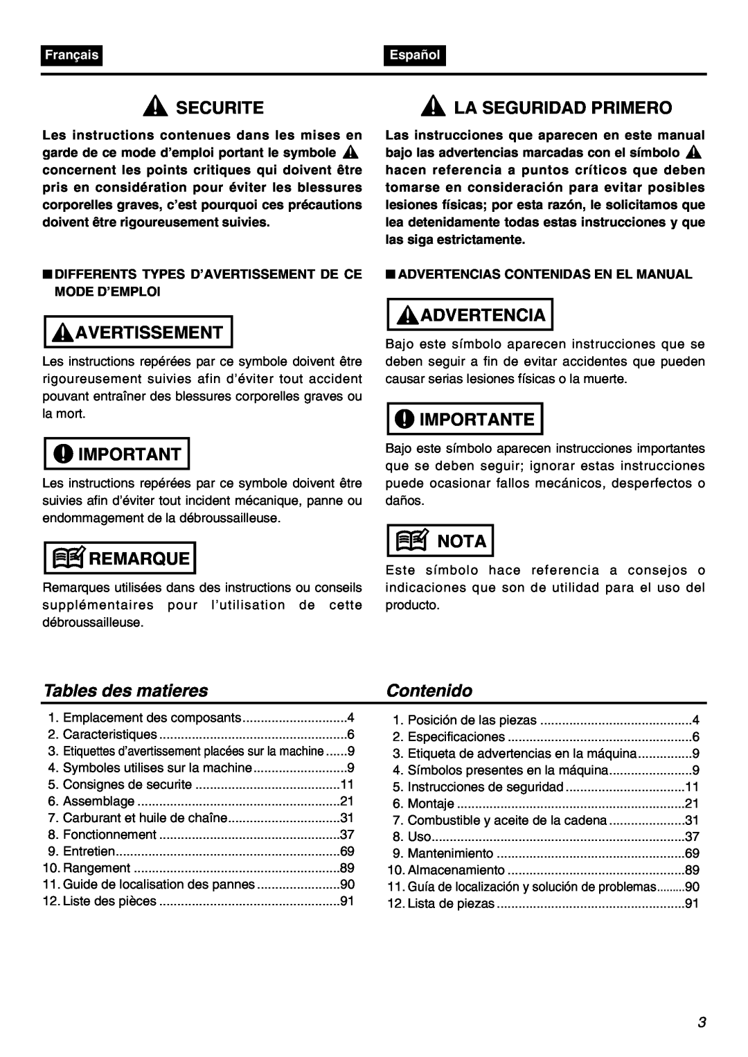 Zenoah EXZ2401S manual Securite, Avertissement, Remarque, Advertencia, Importante, Nota, Tables des matieres, Contenido 