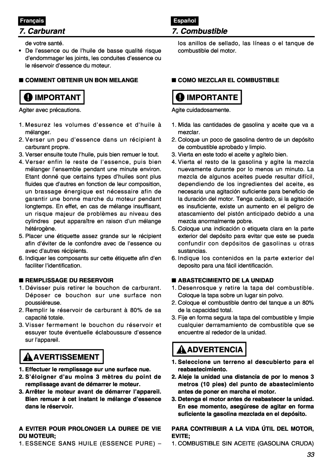 Zenoah EXZ2401S manual Carburant, Combustible, Importante, Avertissement, Advertencia, Français, Español 