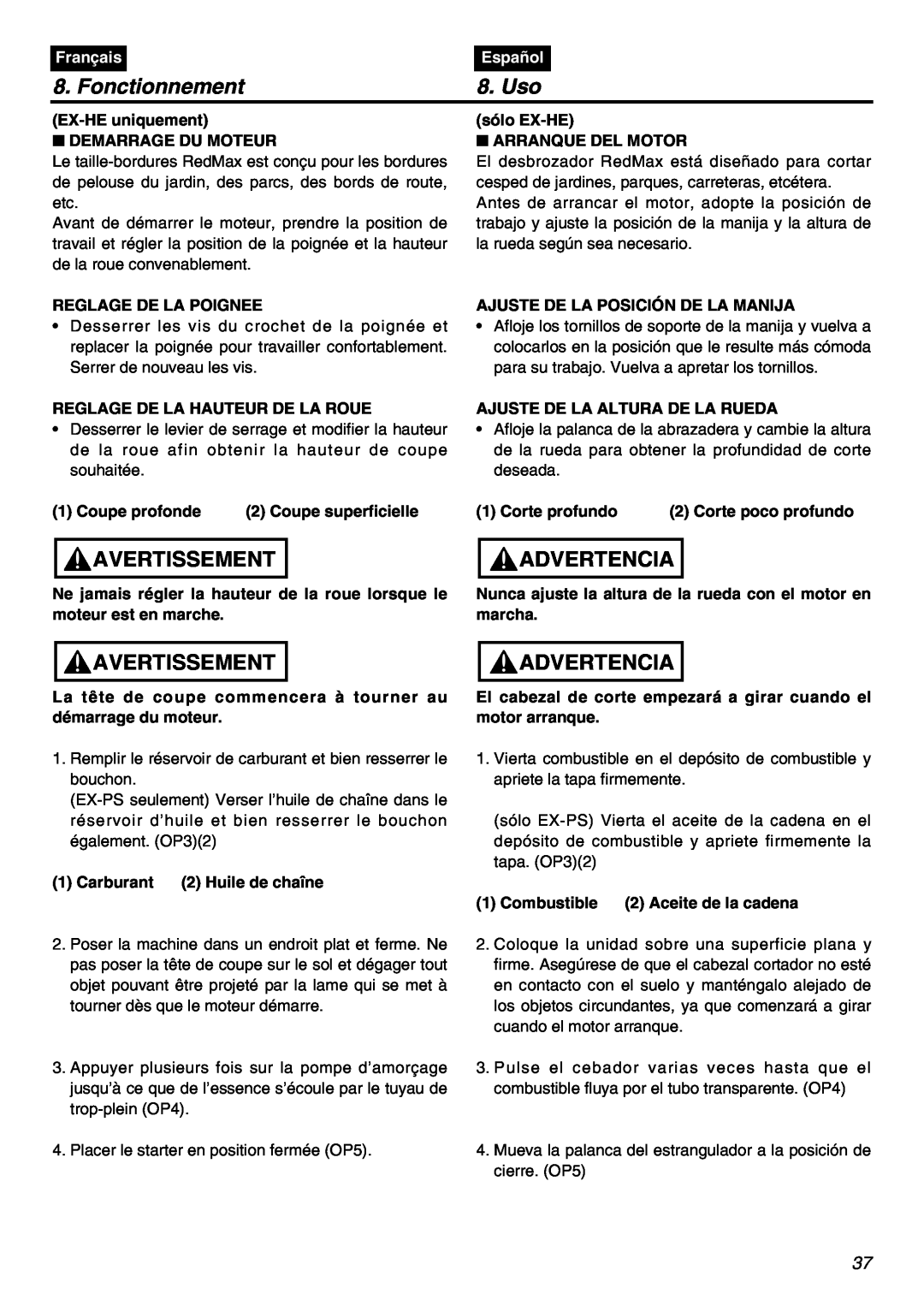 Zenoah EXZ2401S manual Fonctionnement, Uso, Avertissement, Advertencia, Français, Español 