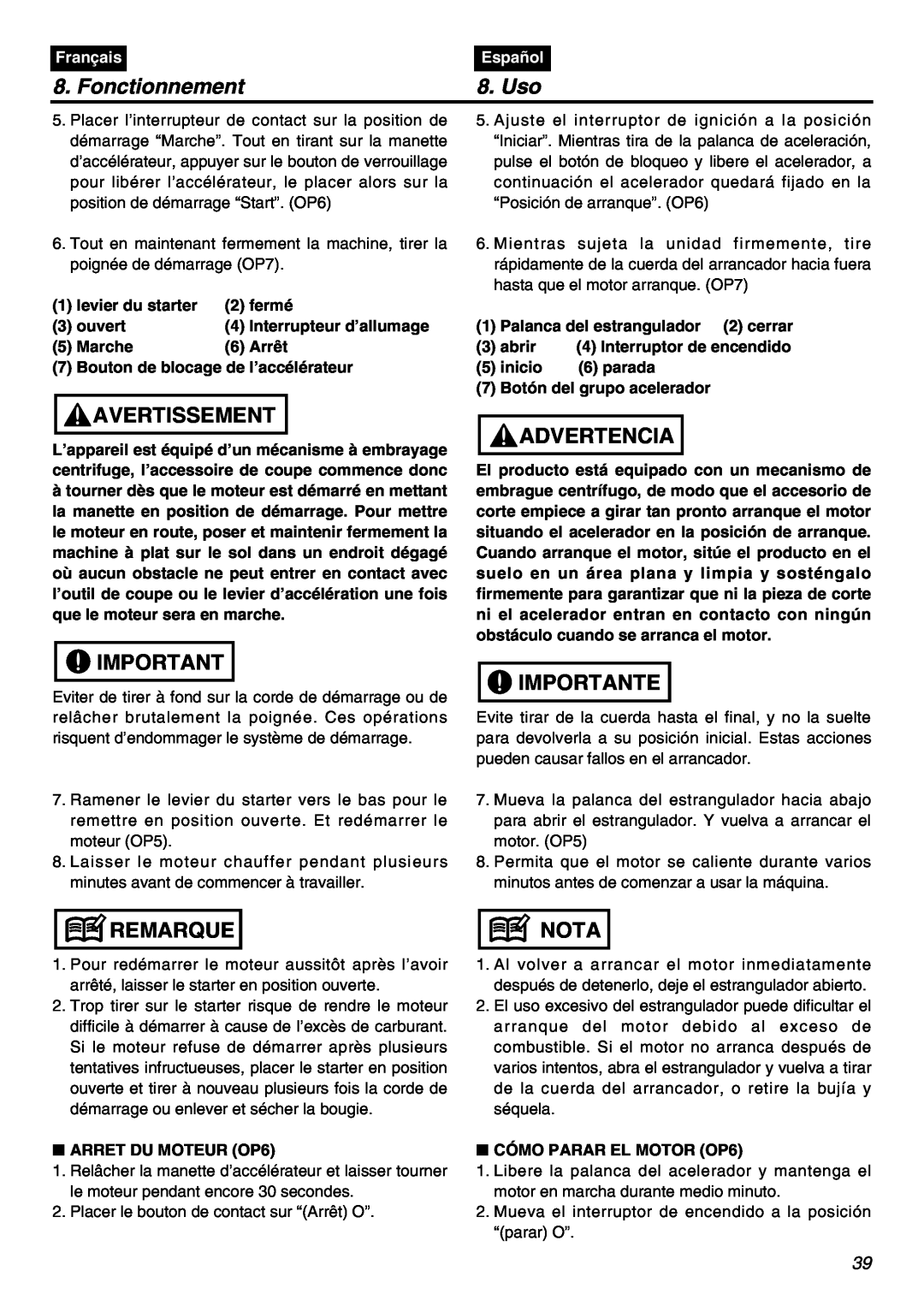 Zenoah EXZ2401S manual Fonctionnement, Uso, Avertissement, Advertencia, Importante, Remarque, Nota, Français, Español 