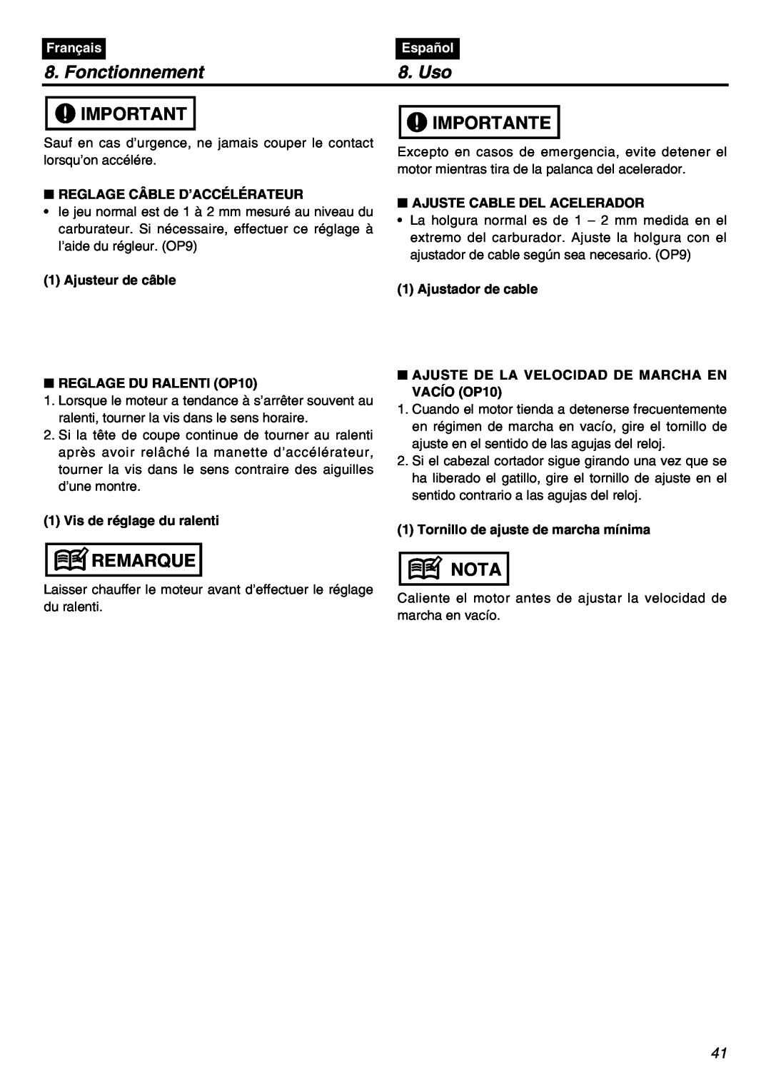 Zenoah EXZ2401S manual Fonctionnement, Uso, Importante, Remarque, Nota, Français, Español 