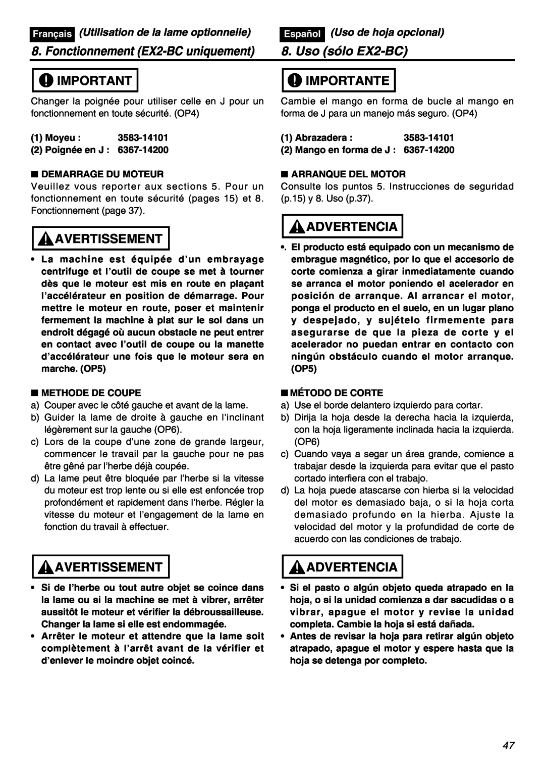 Zenoah EXZ2401S manual Fonctionnement EX2-BC uniquement, Uso sólo EX2-BC, Importante, Avertissement, Advertencia, Français 