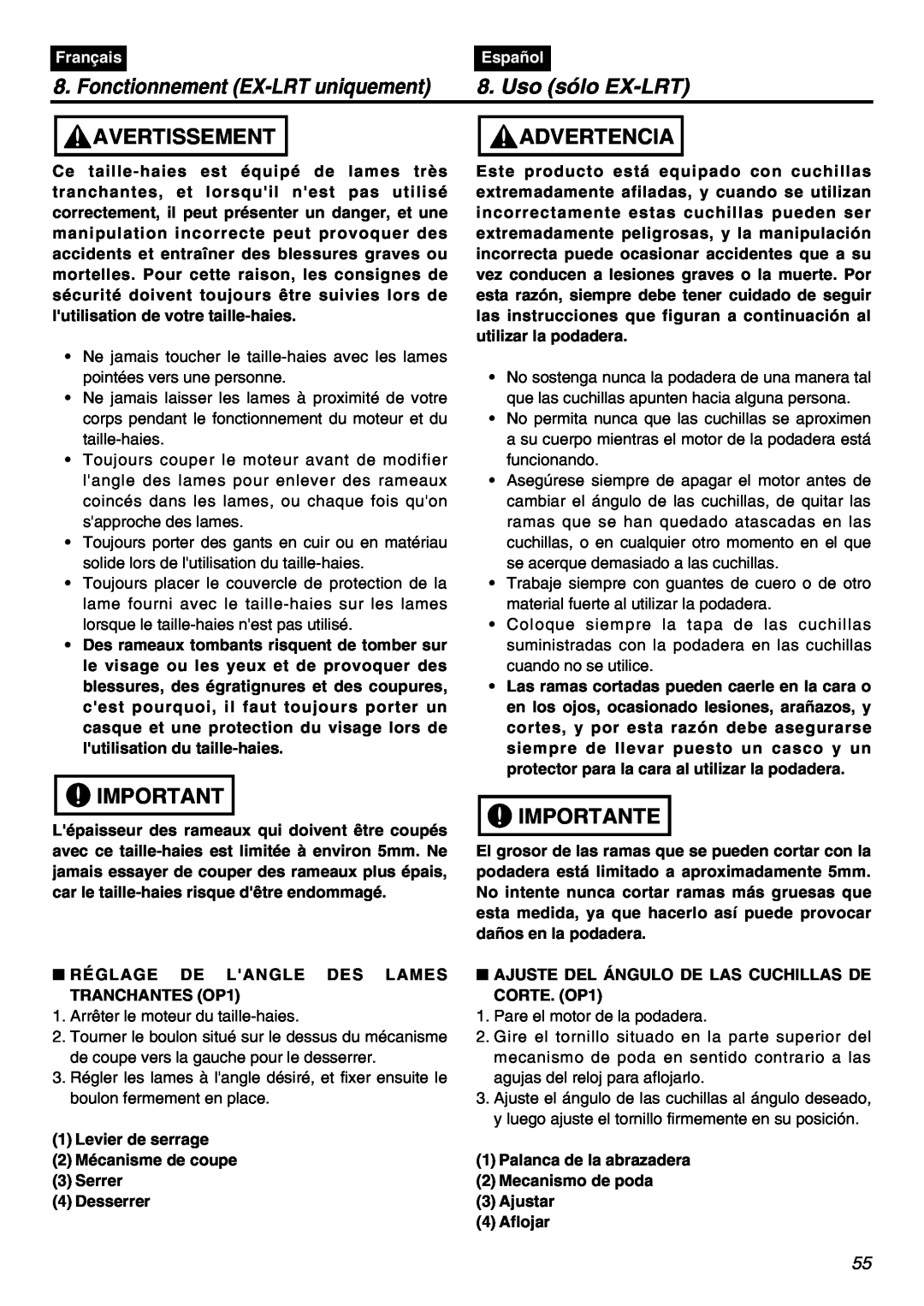 Zenoah EXZ2401S manual Fonctionnement EX-LRT uniquement, Uso sólo EX-LRT, Avertissement, Advertencia, Importante, Français 