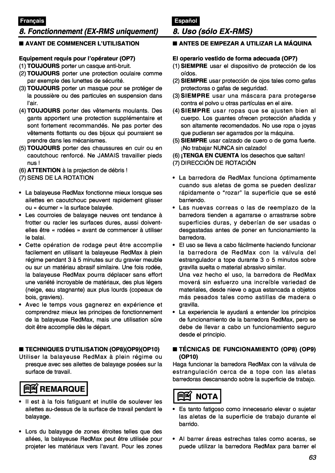 Zenoah EXZ2401S manual Fonctionnement EX-RMS uniquement, Uso sólo EX-RMS, Remarque, Nota, Français, Español 