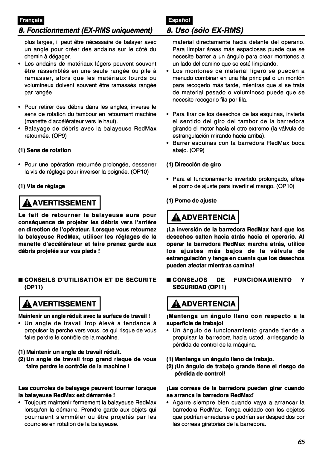 Zenoah EXZ2401S manual Fonctionnement EX-RMS uniquement, Uso sólo EX-RMS, Avertissement, Advertencia, Français, Español 