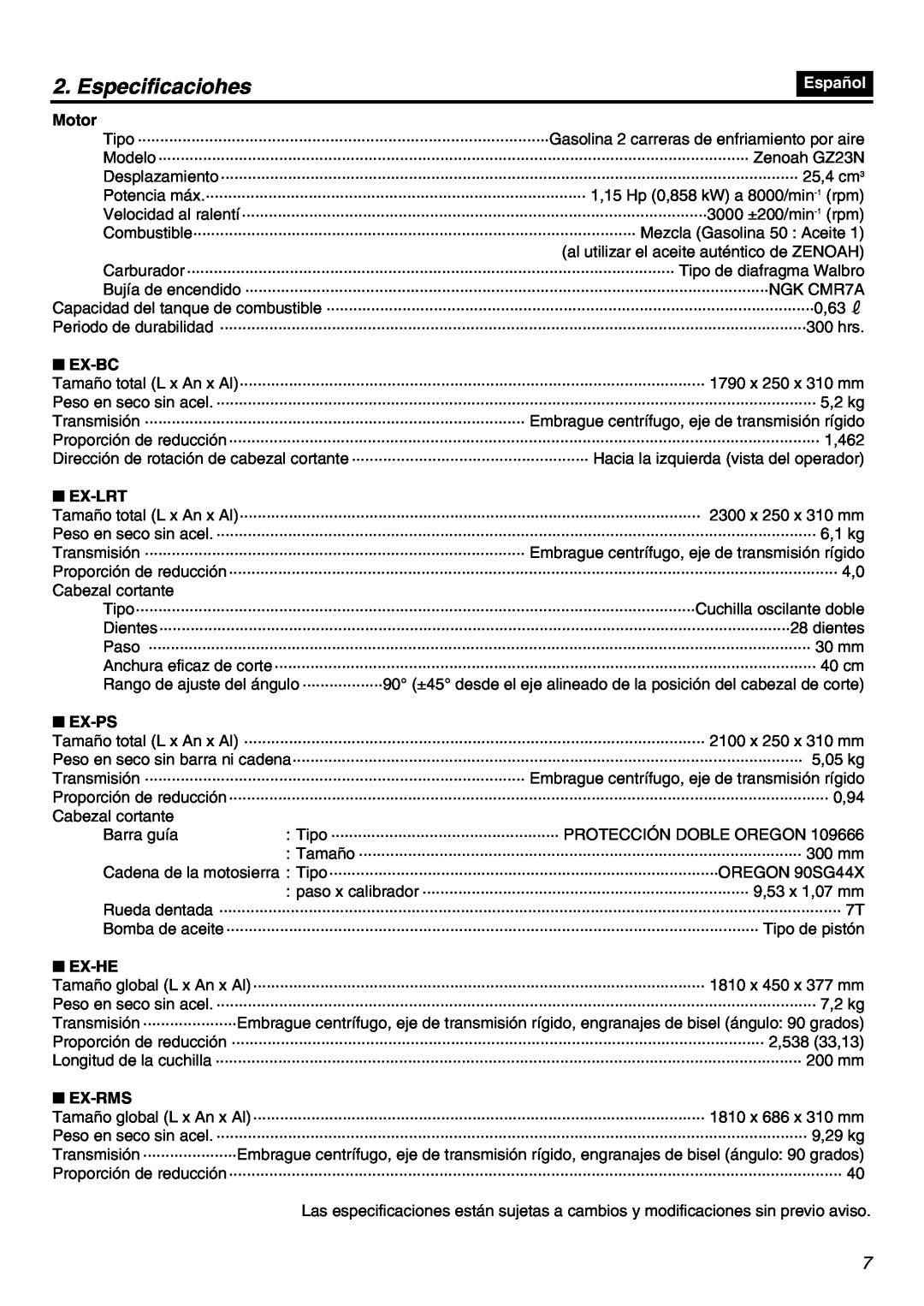 Zenoah EXZ2401S manual Especificaciohes, Español, Cabezal cortante, Barra guía 