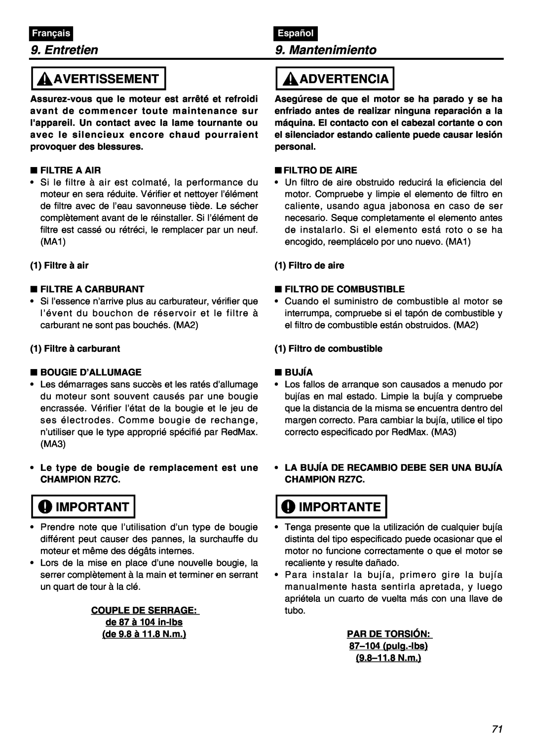 Zenoah EXZ2401S manual Mantenimiento, Entretien, Avertissement, Advertencia, Importante, Français, Español 