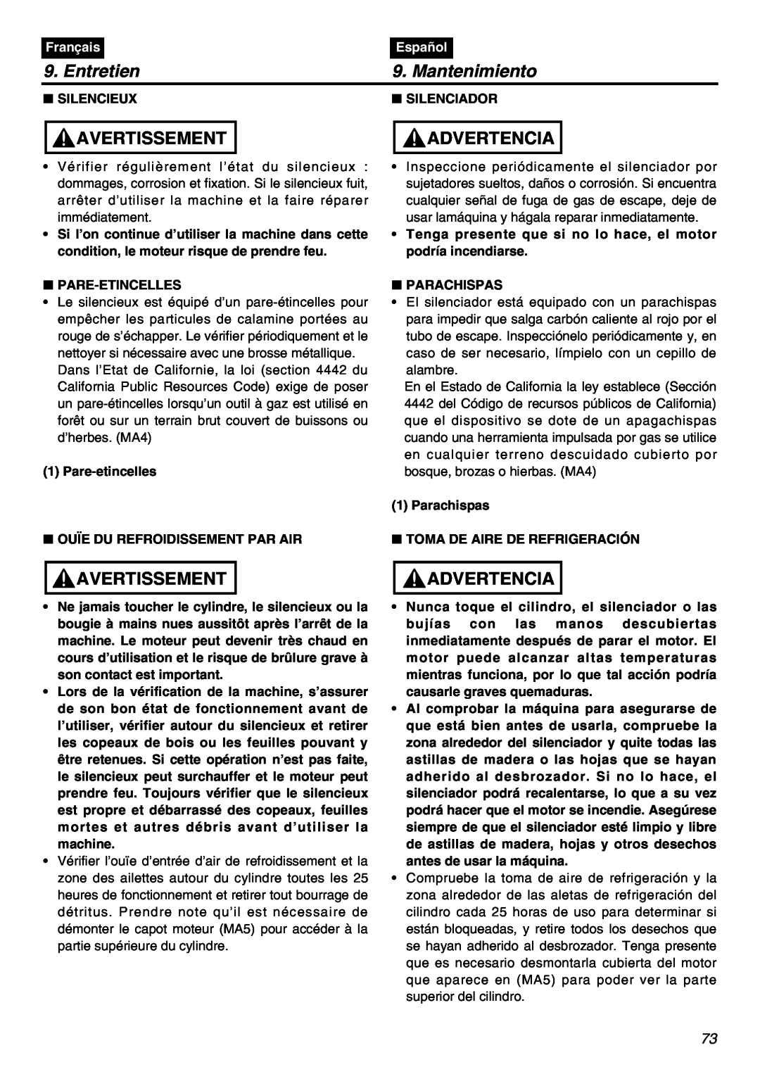 Zenoah EXZ2401S manual Silencieux, Silenciador, Entretien, Mantenimiento, Avertissement, Advertencia, Français, Español 