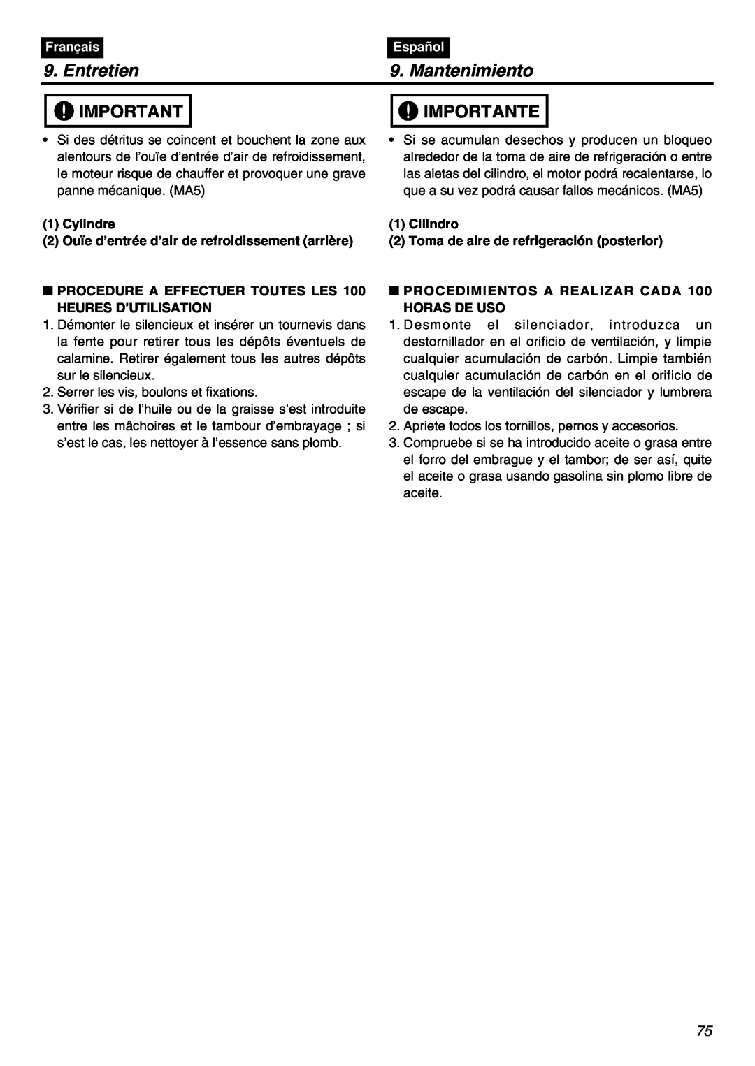 Zenoah EXZ2401S manual Entretien, Mantenimiento, Importante, Français, Español 