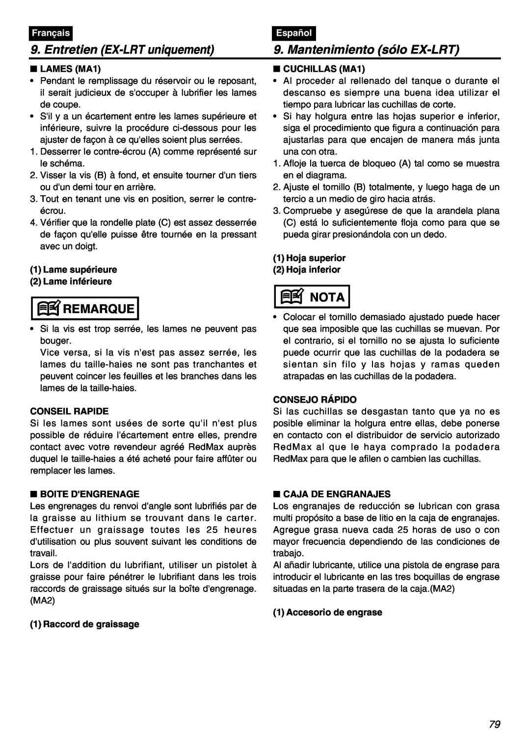 Zenoah EXZ2401S manual Entretien EX-LRT uniquement, Mantenimiento sólo EX-LRT, Remarque, Nota, Français, Español 