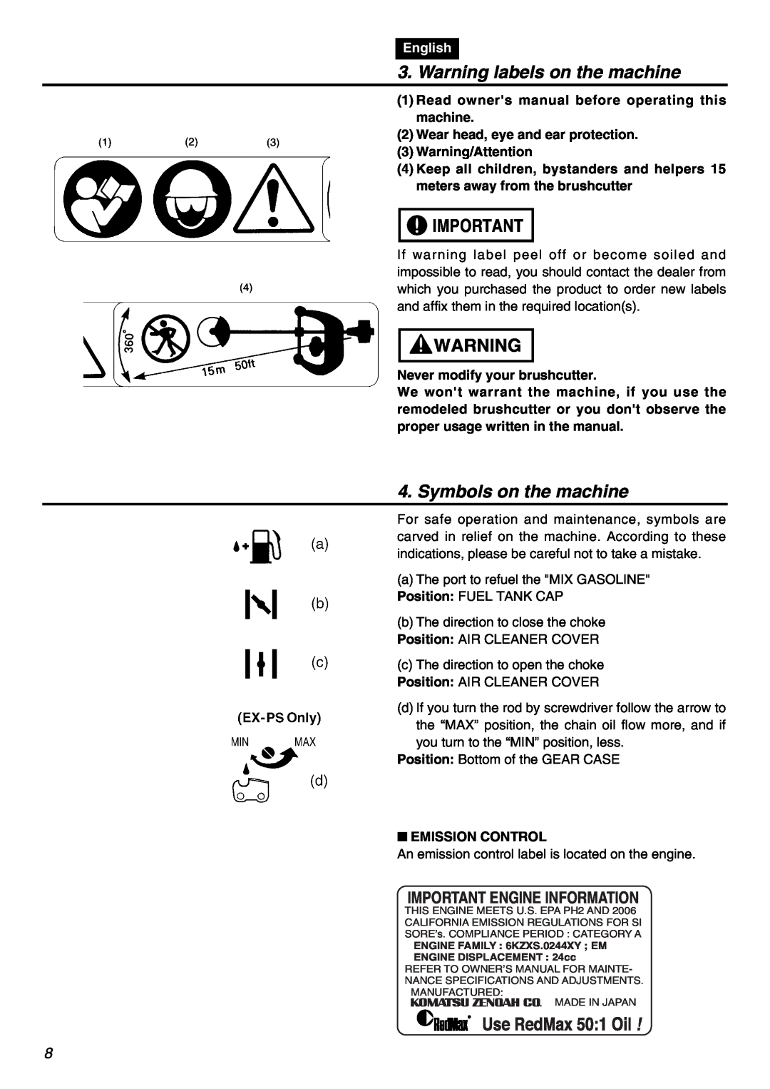 Zenoah EXZ2401S manual Warning labels on the machine, Symbols on the machine, Important Engine Information, English 