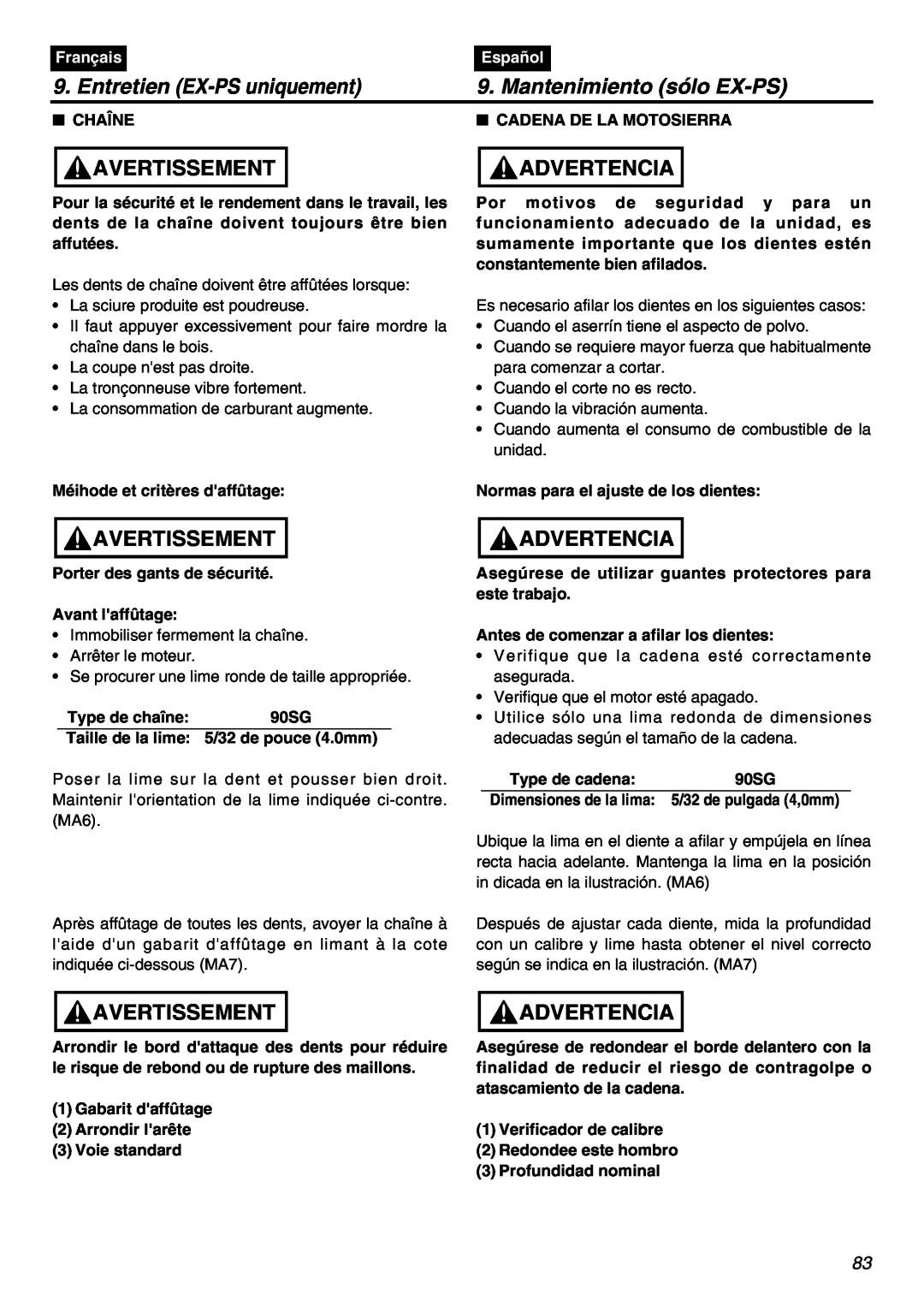 Zenoah EXZ2401S manual Chaîne, Cadena De La Motosierra, Entretien EX-PS uniquement, Mantenimiento sólo EX-PS, Avertissement 