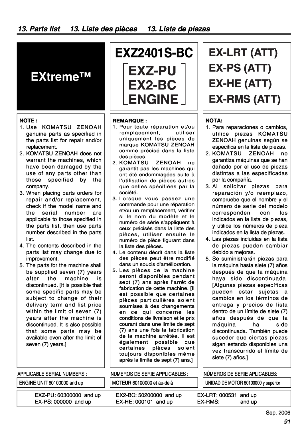 Zenoah manual Parts list 13. Liste des pièces 13. Lista de piezas, EXZ2401S-BC EXZ-PU , EXtreme,   EX2-BC  