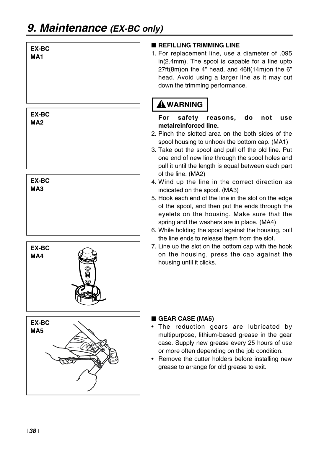 Zenoah EXZ2500S-BC, EX-BC, EX-LRT, EX-PS, EX-HE, EXZ2600DL manual Maintenance EX-BC only, Gear Case MA5,  38  