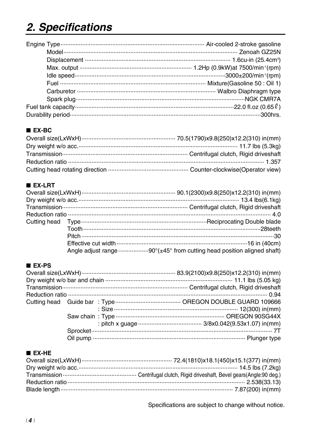 Zenoah EXZ2600DL, EXZ2500S-BC, EX-BC, EX-LRT, EX-PS, EX-HE manual Specifications,  4  