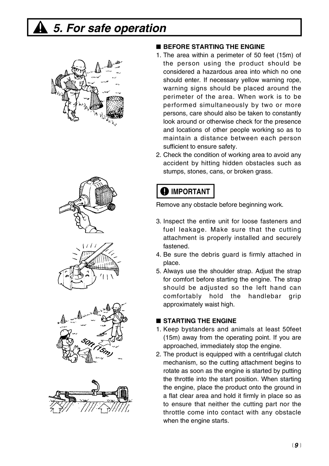 Zenoah EXZ2600DL, EXZ2500S-BC, EX-BC, EX-LRT, EX-PS, EX-HE manual Before Starting the Engine,  9  