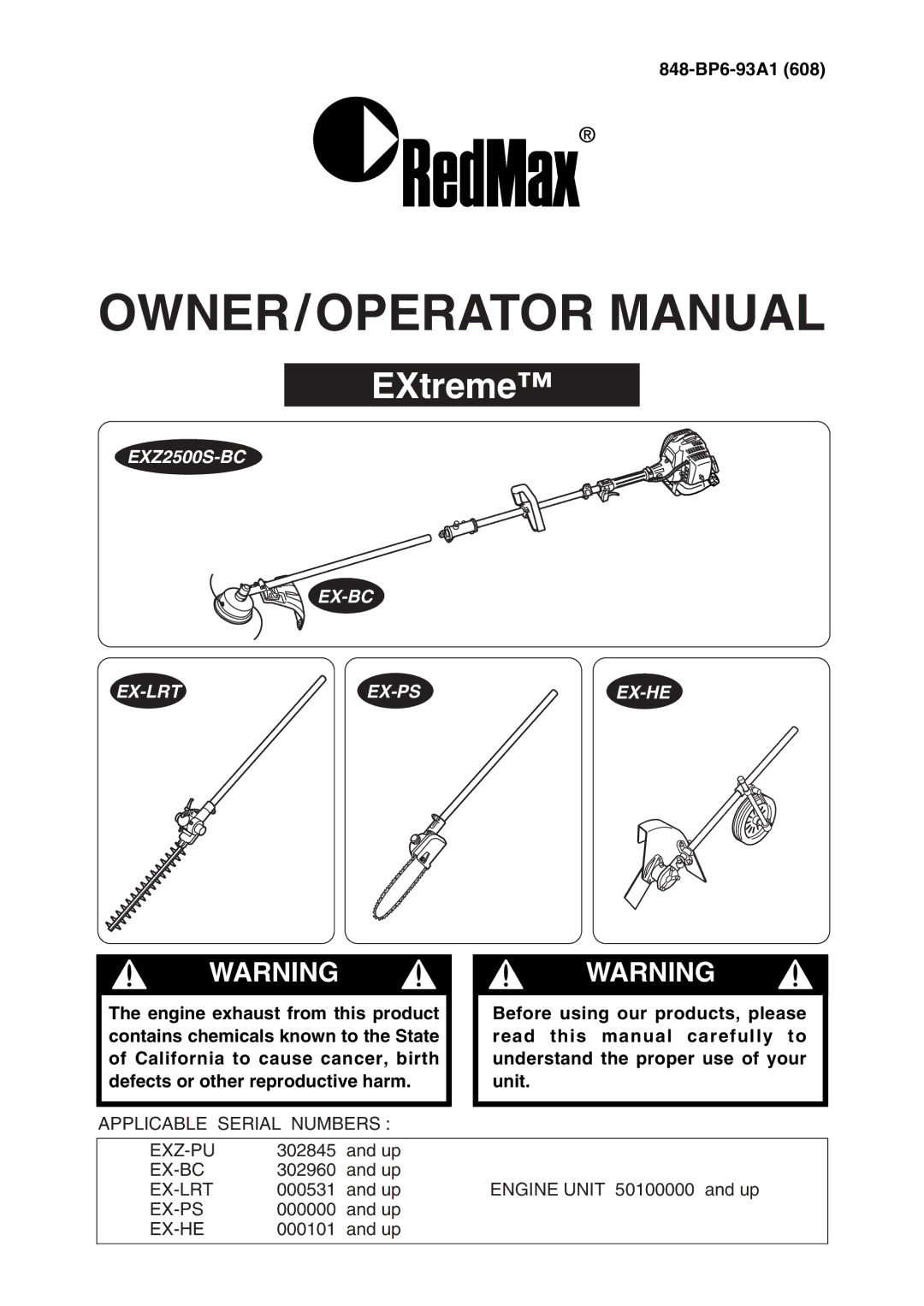 Zenoah EXZ2500S manual OWNER/OPERATOR Manual, 848-BP6-93A1 