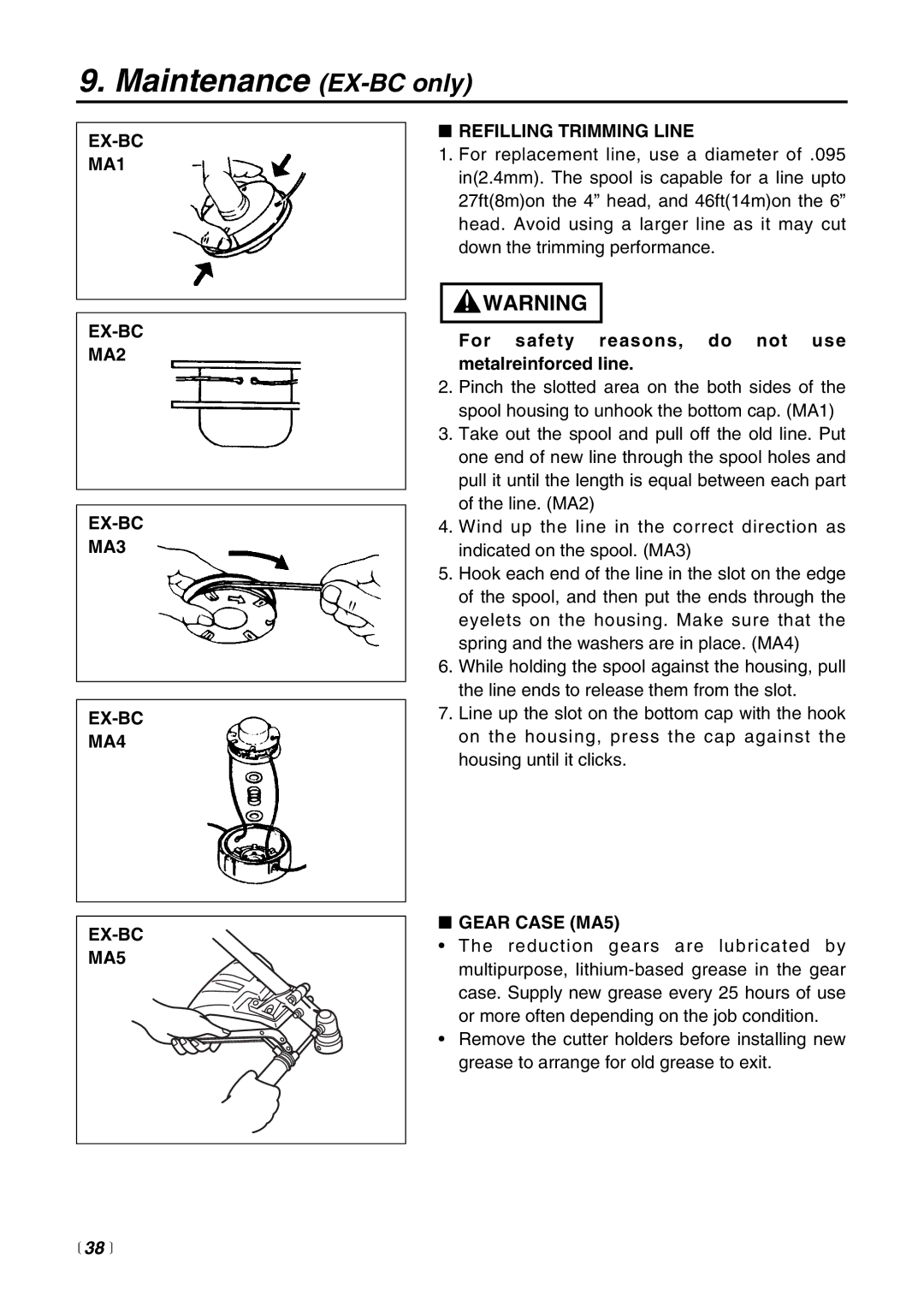 Zenoah EXZ2500S manual Maintenance EX-BC only, For safety reasons, do not use metalreinforced line, Gear Case MA5,  38  