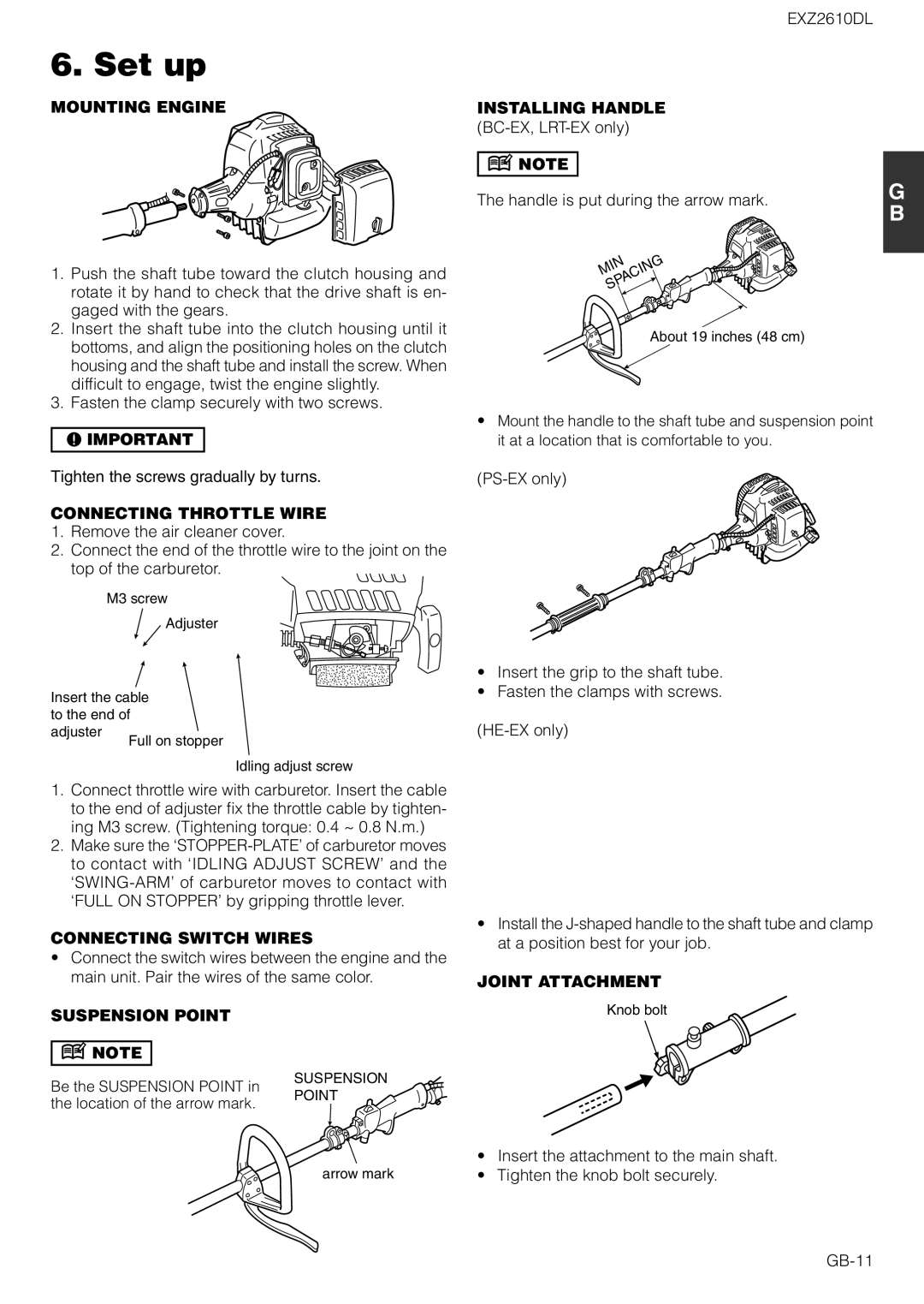 Zenoah EXZ2610DL owner manual Set up, Mounting Engine Installing Handle, Connecting Throttle Wire, Connecting Switch Wires 