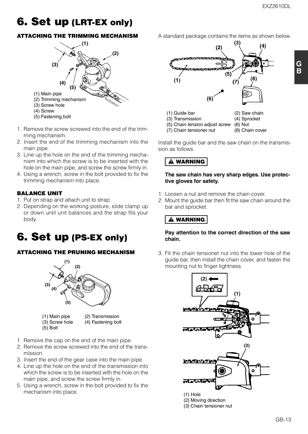 Zenoah EXZ2610DL owner manual Set up LRT-EX only, Set up PS-EX only, Attaching the Trimming Mechanism, Balance Unit 