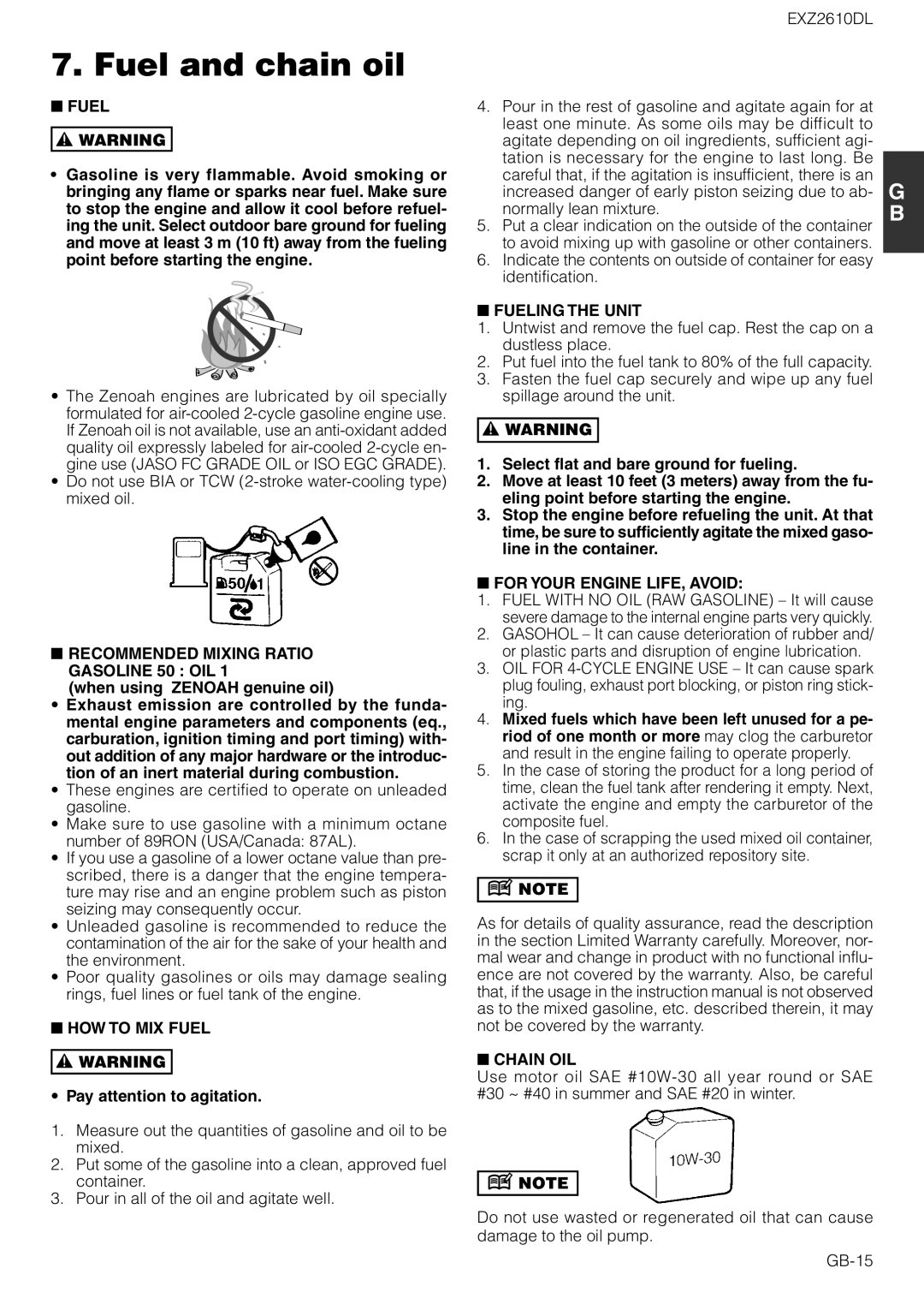 Zenoah EXZ2610DL owner manual Fuel and chain oil 