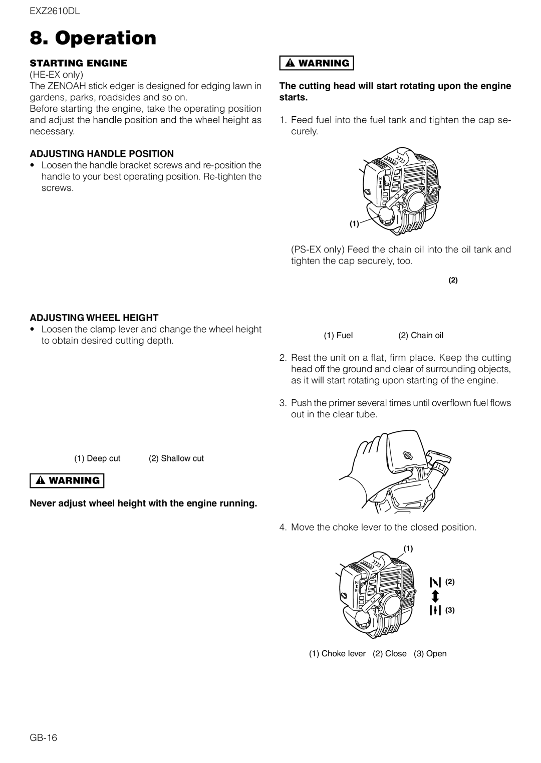 Zenoah EXZ2610DL owner manual Operation, Adjusting Handle Position, Adjusting Wheel Height 