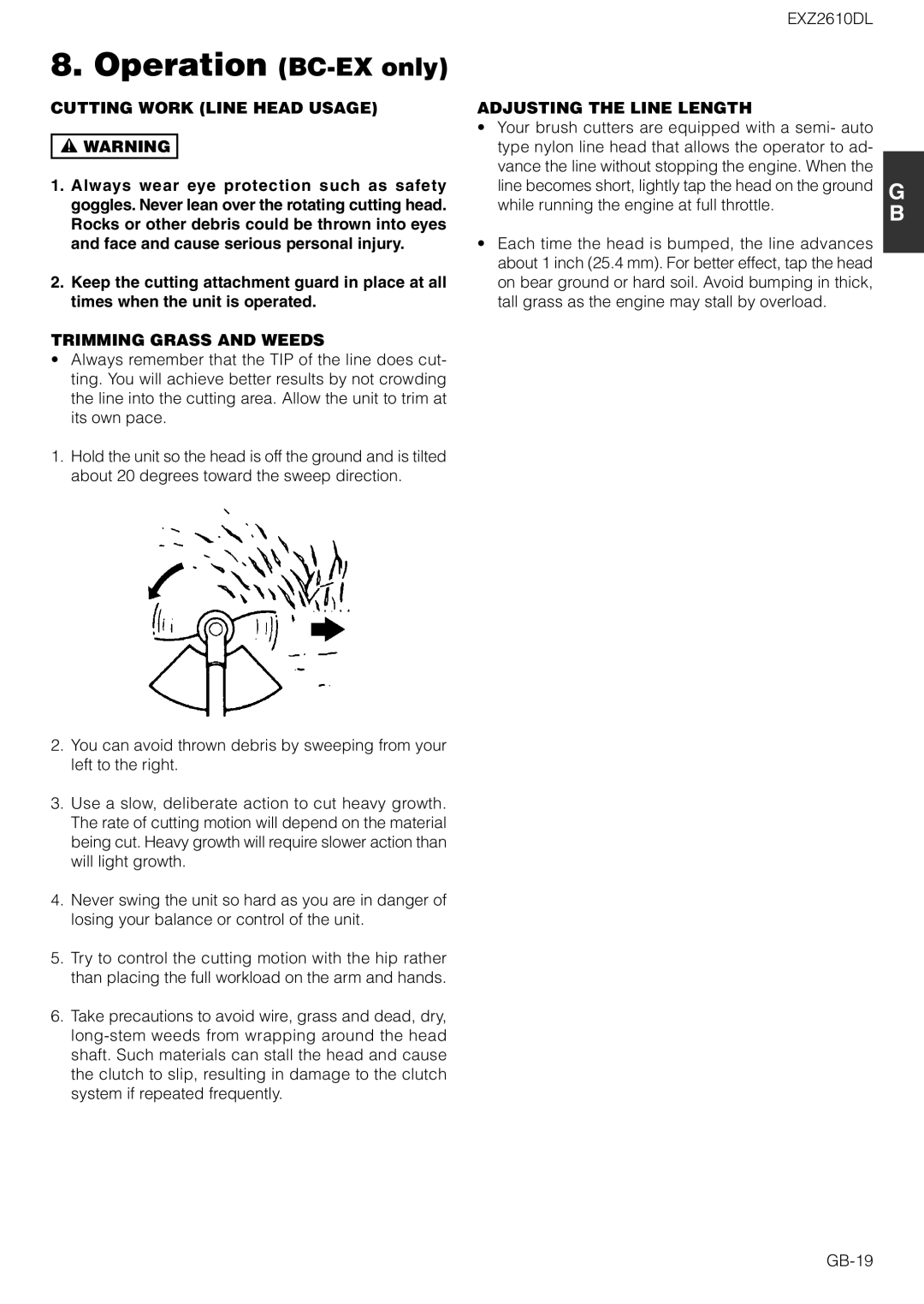 Zenoah EXZ2610DL Operation BC-EX only, Cutting Work Line Head Usage, Trimming Grass and Weeds, Adjusting the Line Length 