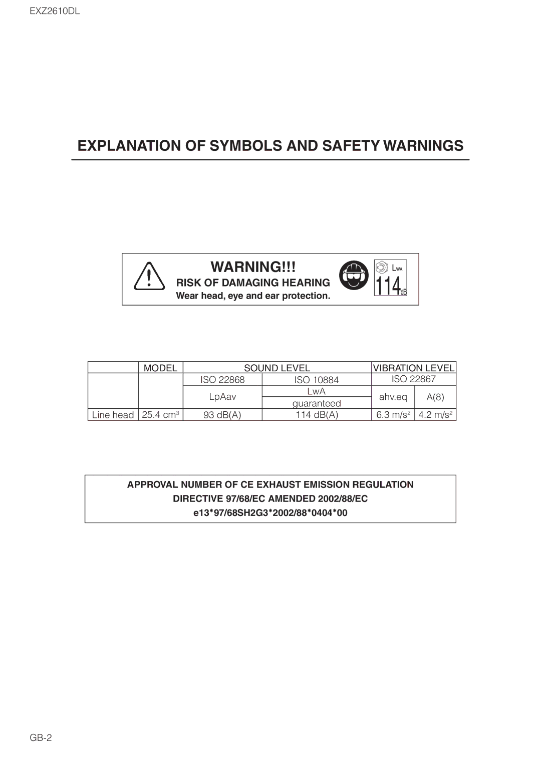 Zenoah EXZ2610DL owner manual Wear head, eye and ear protection, E13*97/68SH2G3*2002/88*0404*00 