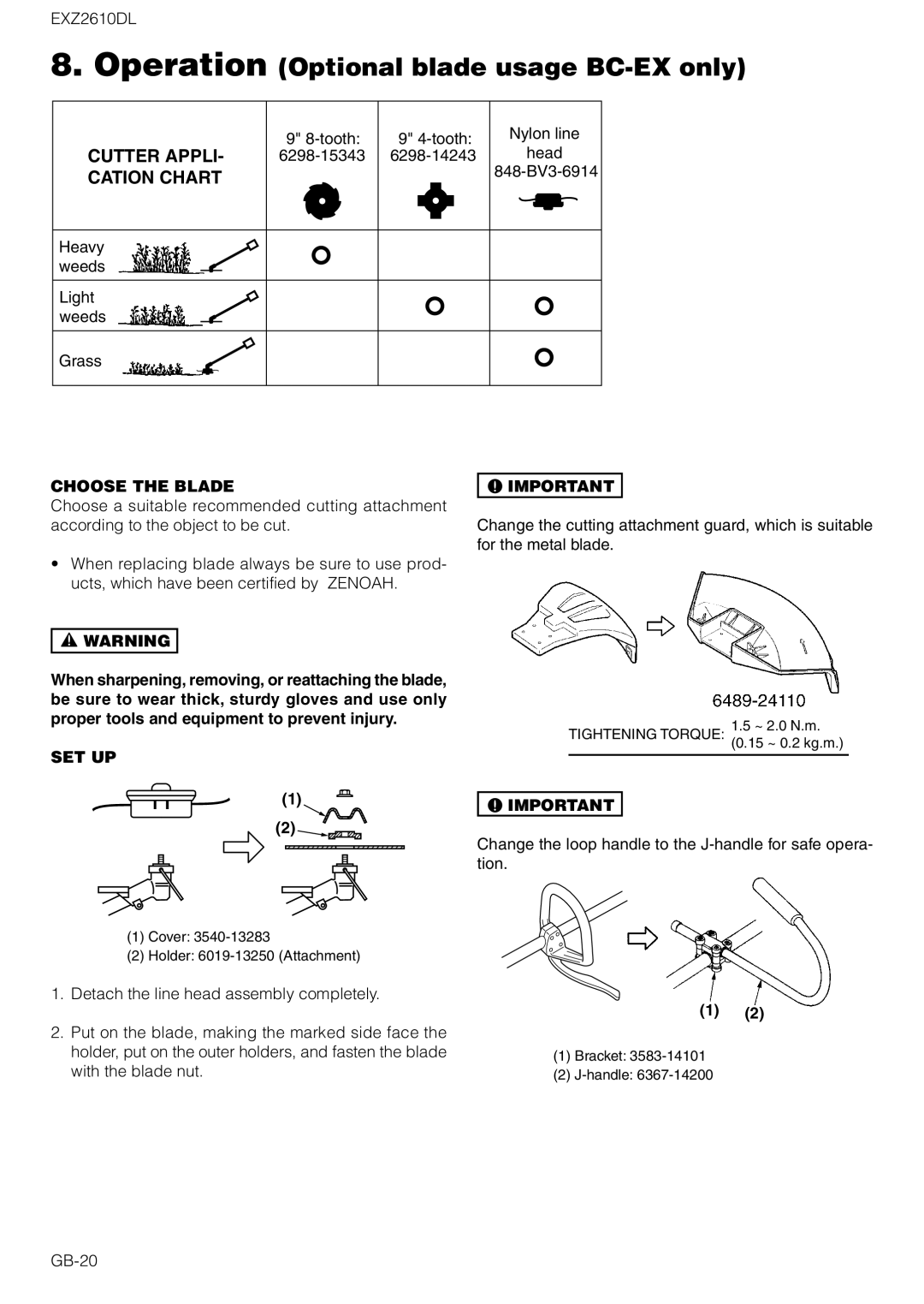 Zenoah EXZ2610DL owner manual Operation Optional blade usage BC-EX only, Ny lon line, Choose the Blade, Set Up 
