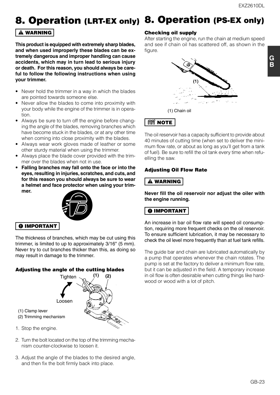 Zenoah EXZ2610DL owner manual Operation LRT-EX only, Operation PS-EX only, Adjusting the angle of the cutting blades 