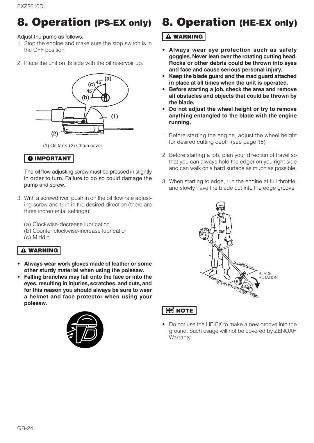 Zenoah EXZ2610DL owner manual Operation HE-EX only 