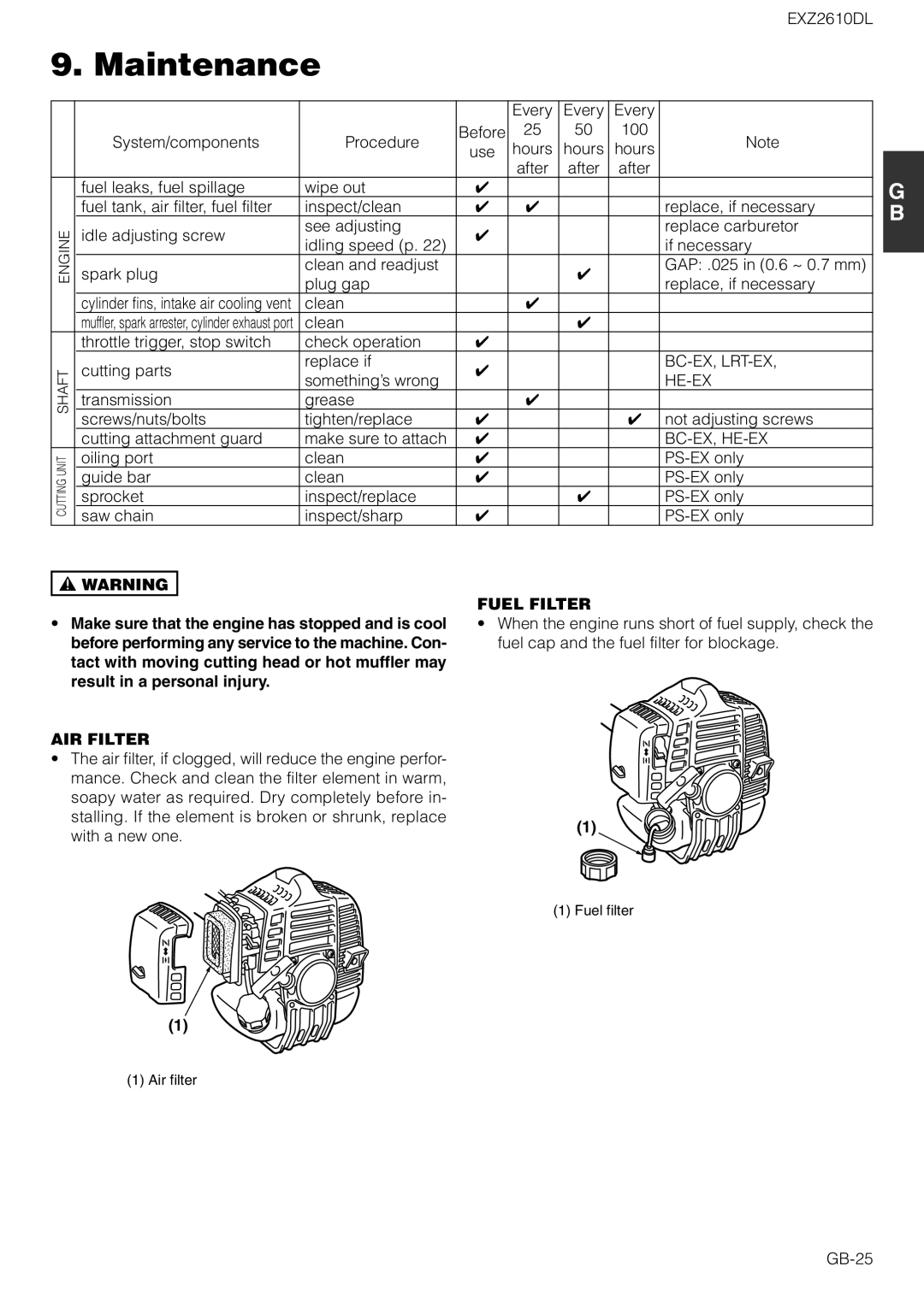 Zenoah EXZ2610DL owner manual Maintenance, AIR Filter, Fuel Filter 