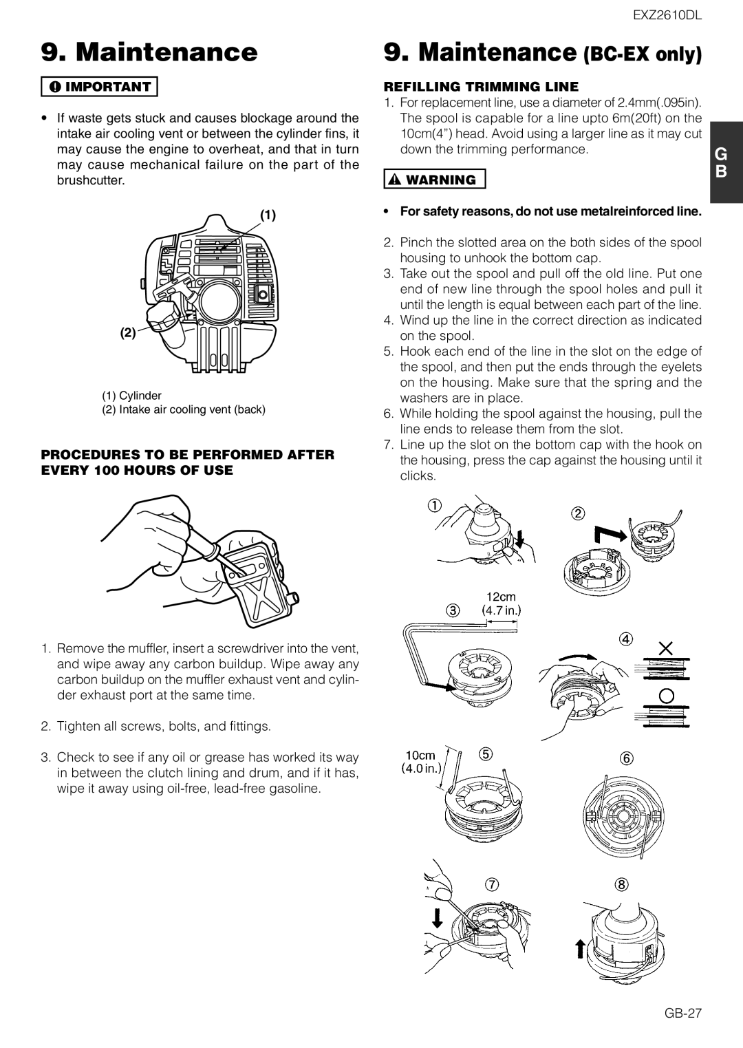 Zenoah EXZ2610DL Maintenance BC-EX only, Procedures to be Performed After Every 100 Hours of USE, Refilling Trimming Line 