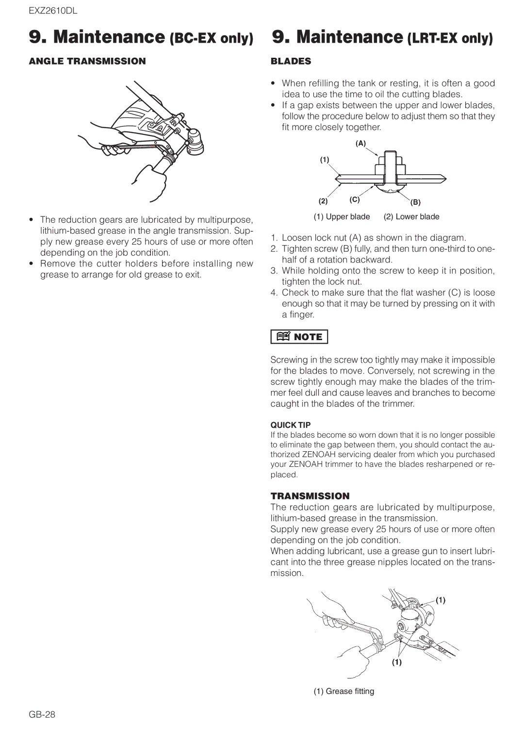 Zenoah EXZ2610DL owner manual Maintenance LRT-EX only, Angle Transmission, Blades 