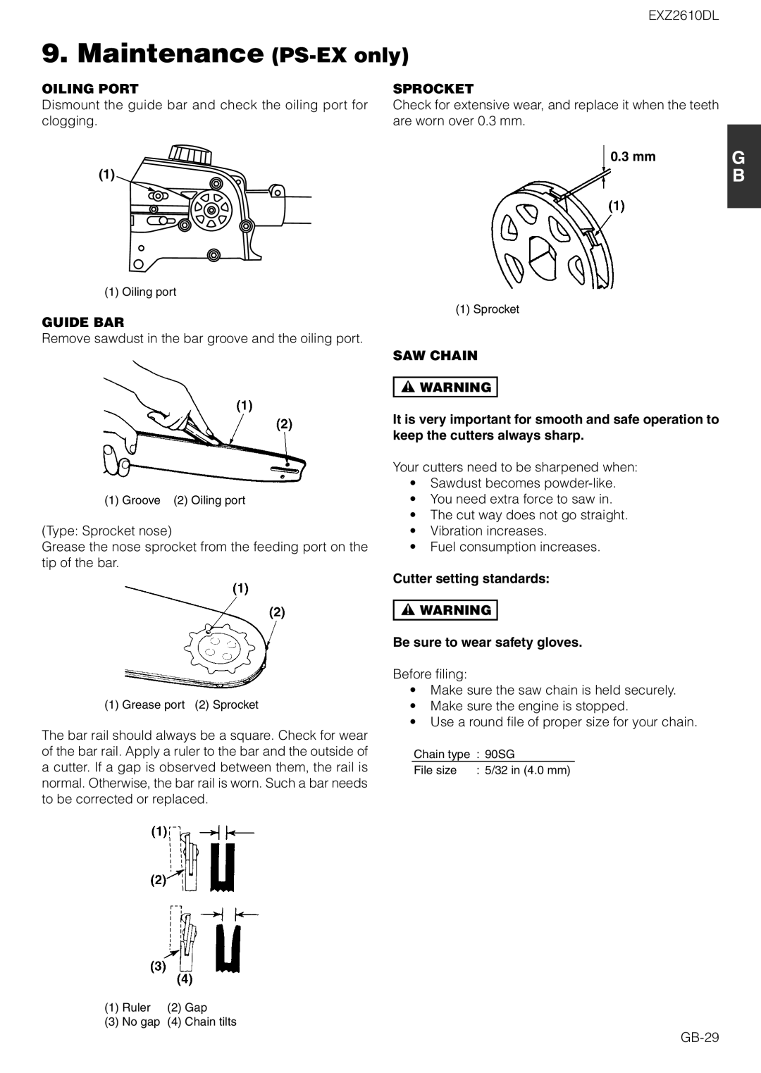 Zenoah EXZ2610DL owner manual Maintenance PS-EX only, Oiling Port, Guide BAR, Sprocket, SAW Chain 