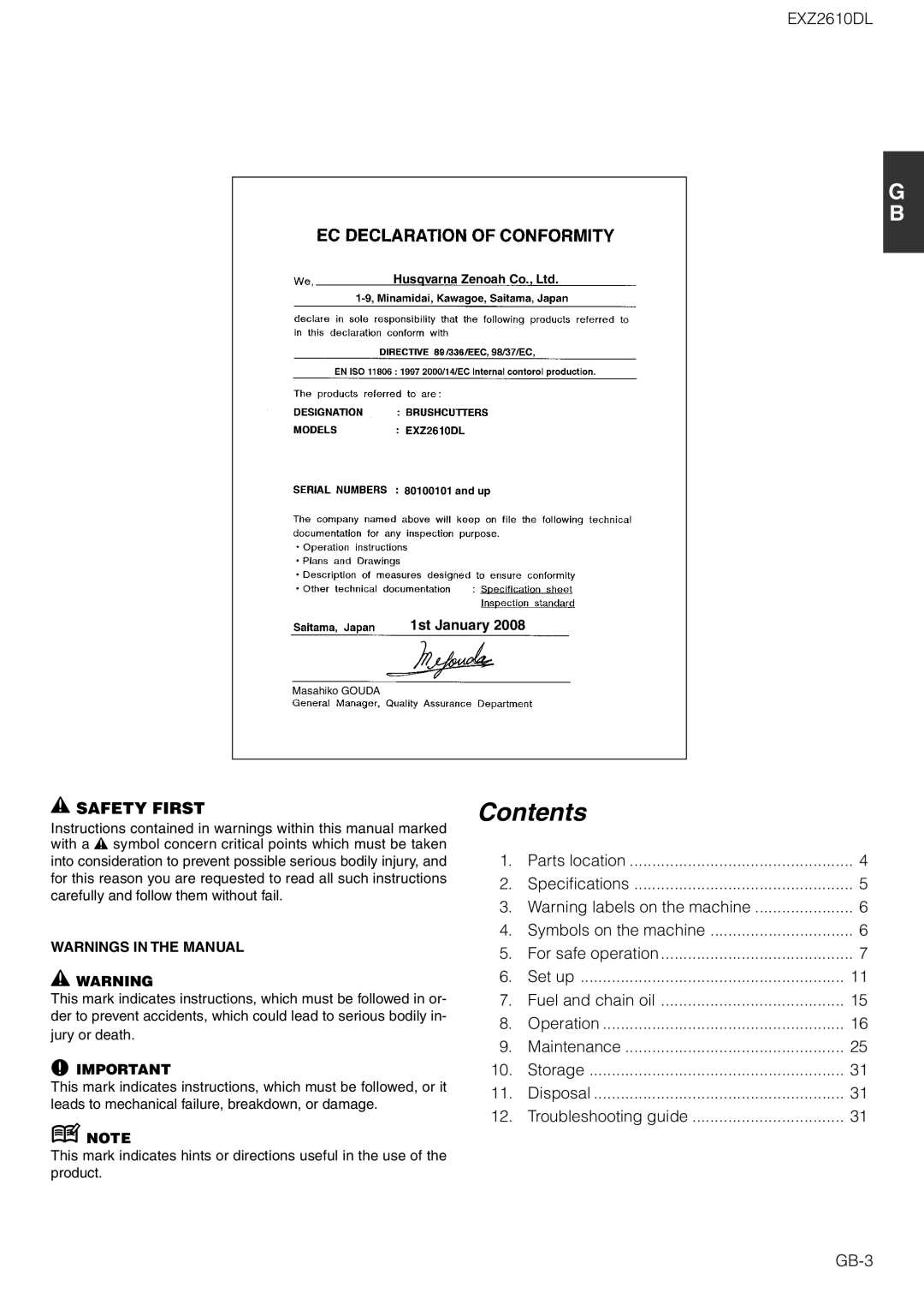 Zenoah EXZ2610DL owner manual Contents 