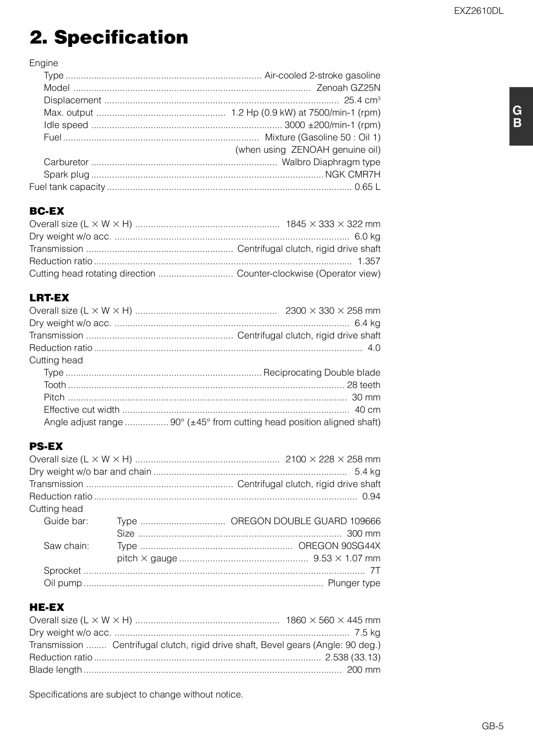 Zenoah EXZ2610DL owner manual Specification, Bc-Ex 